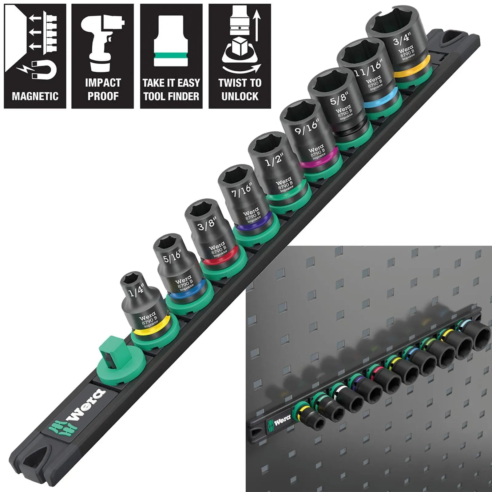 Wera Impact Socket Set 3/8" Drive 9 Piece 9608 Magnetic Rail B Impaktor 1 Imperial 1/4"-3/4  White Rose Tools