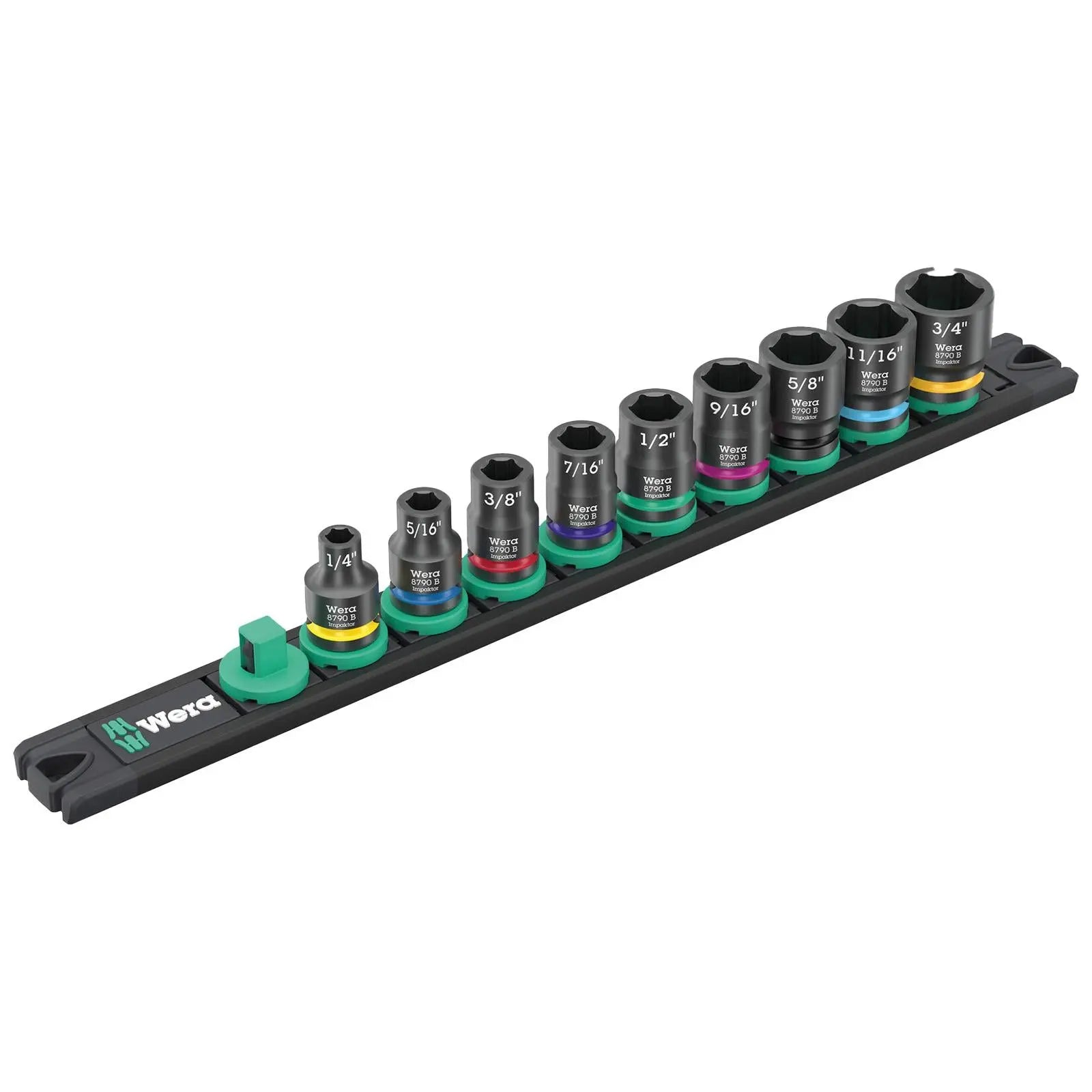Wera Impact Socket Set 3/8" Drive 9 Piece 9608 Magnetic Rail B Impaktor 1 Imperial 1/4"-3/4  White Rose Tools