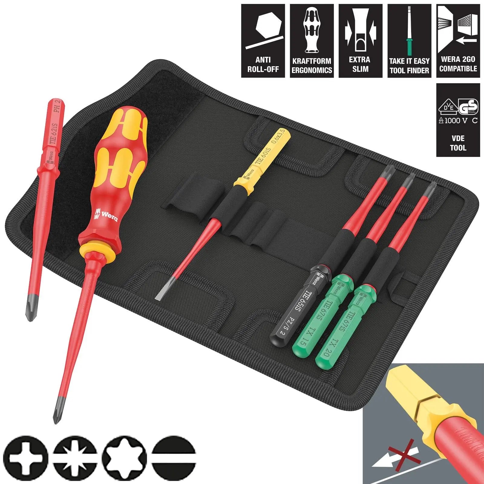 Wera Interchangeable VDE Screwdriver Set Kraftform Kompakt VDE 7 Extra Slim 1 Tool Finder 7 Pieces Phillips Pozi Slotted Torx  White Rose Tools
