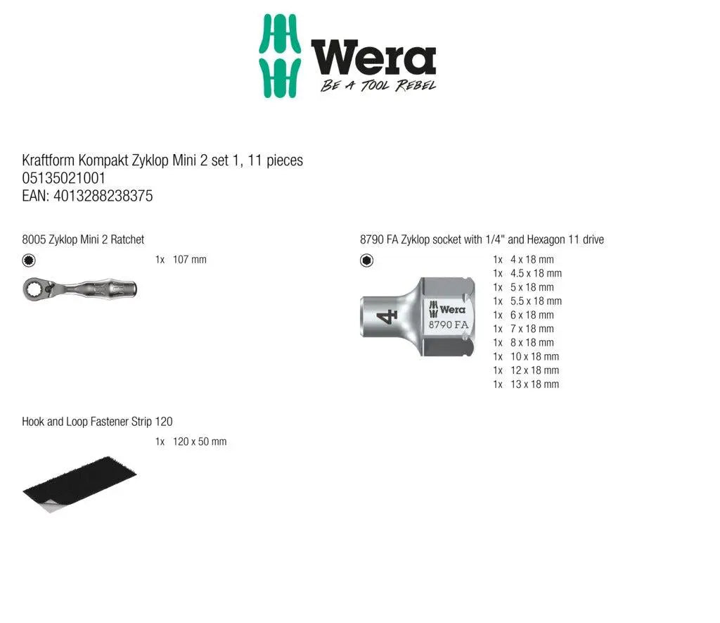 Wera Kraftform Kompakt Zyklop Mini 2 Set 1 Hollow Core Pass Through 11 Pieces  White Rose Tools