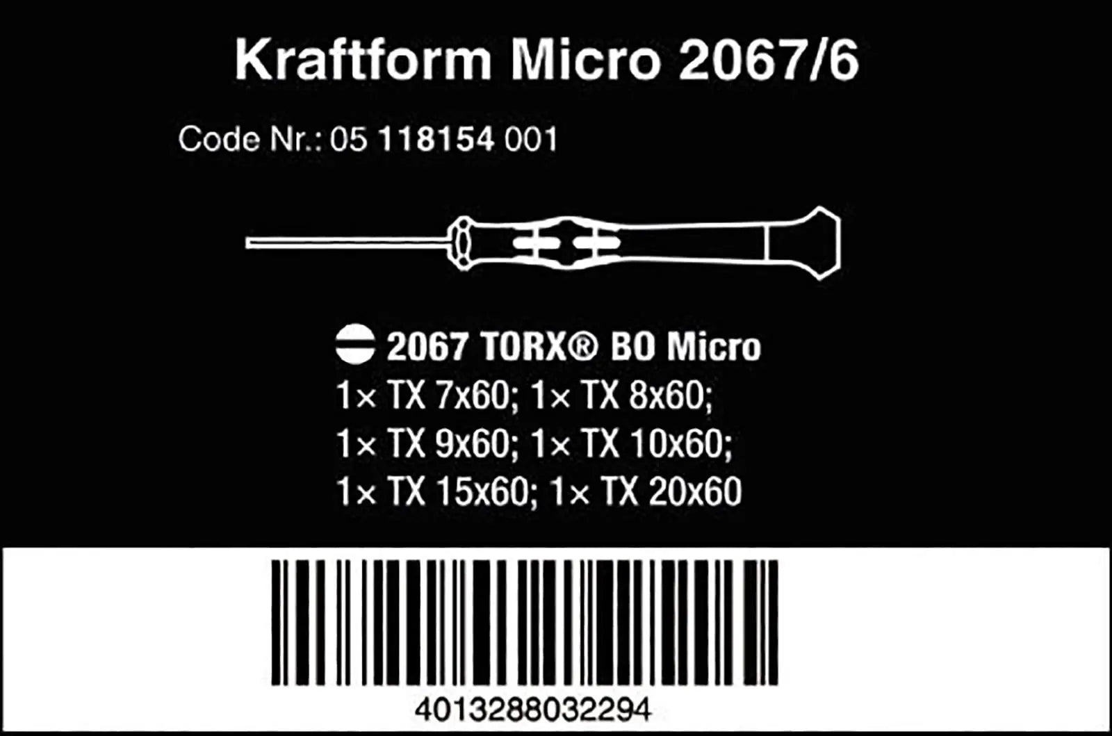 Wera Micro Screwdriver Set Kraftform TORX BO Tamper-Proof Screws 2067/6 6 Piece TX7-TX20 