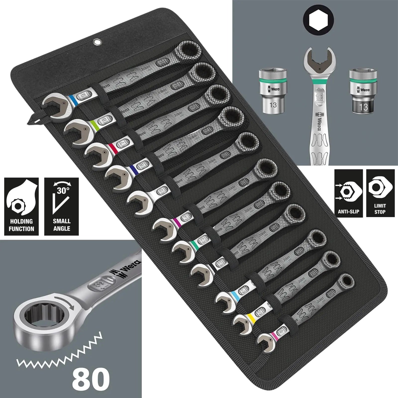 Wera Ratchet Combination Spanner Set 11 Piece 6000 Joker 11 Set 1 in Pouch 8-19mm  White Rose Tools