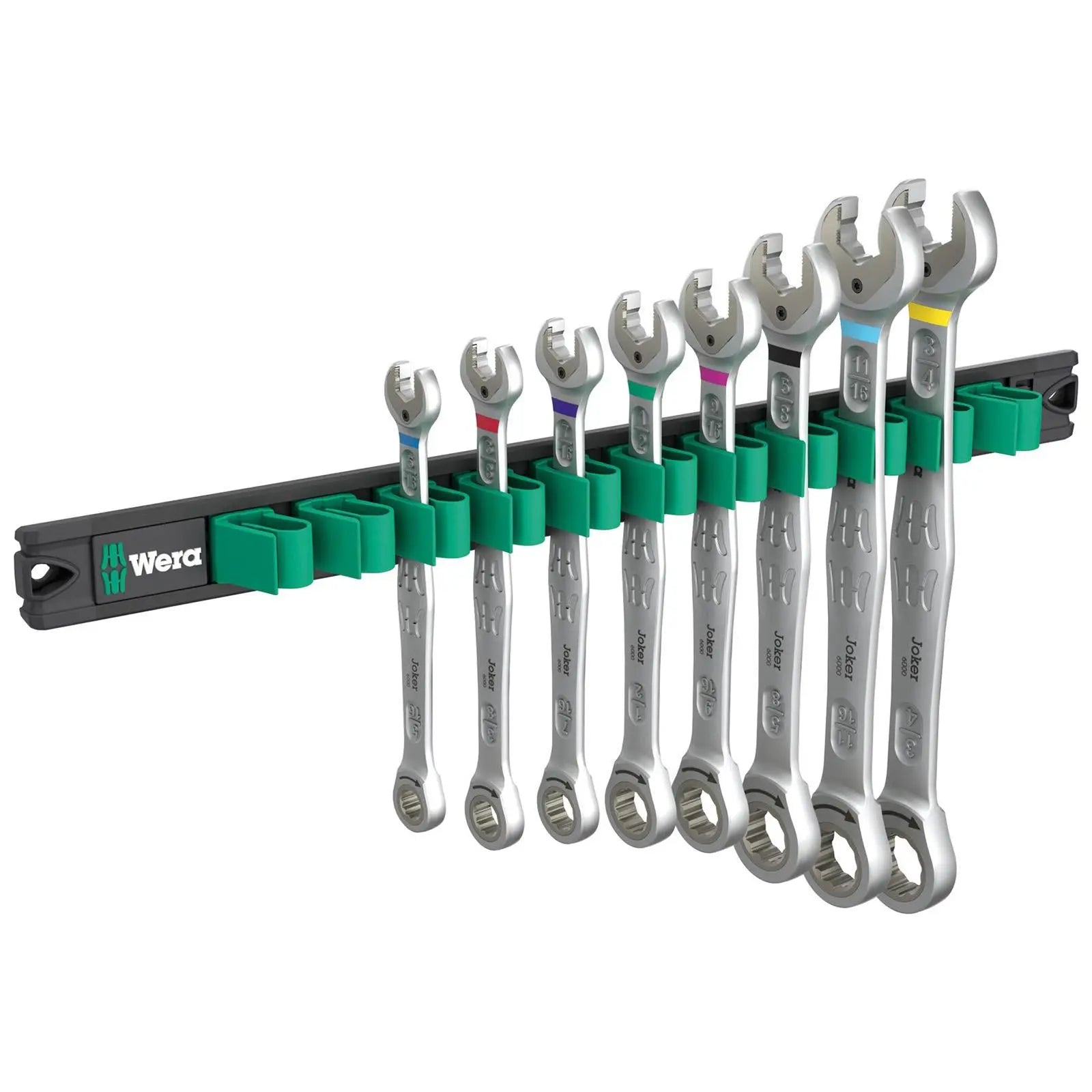 Wera Ratchet Combination Spanner Wrench Set 6000 Joker Imperial 1 9632 Magnetic Rail 8 Pieces 5/16"-3/4  White Rose Tools