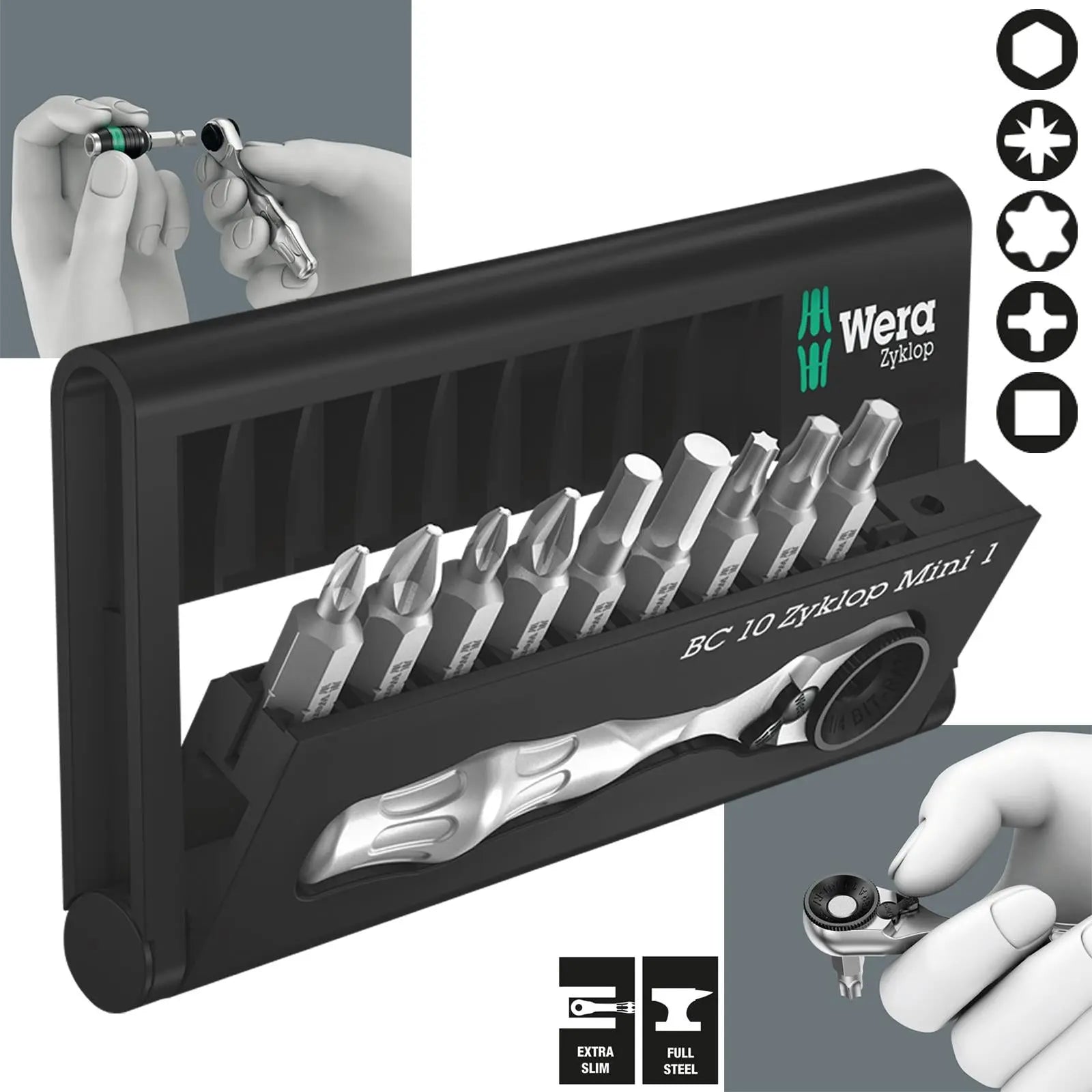 Wera Ratchet Driver 1/4" Hex 10 Piece Bit Check 10 Zyklop Mini 1  White Rose Tools