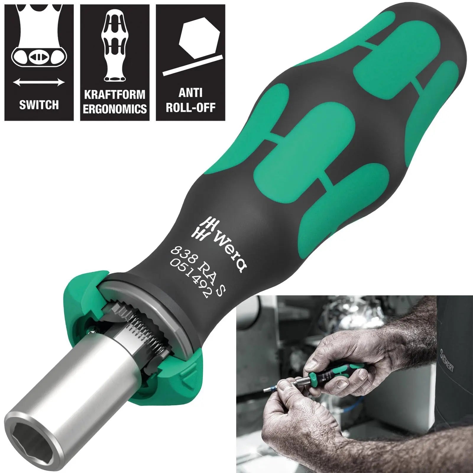 Wera Ratchet Screwdriver 1/4" Hex 838 RA S Bitholding Driver  White Rose Tools
