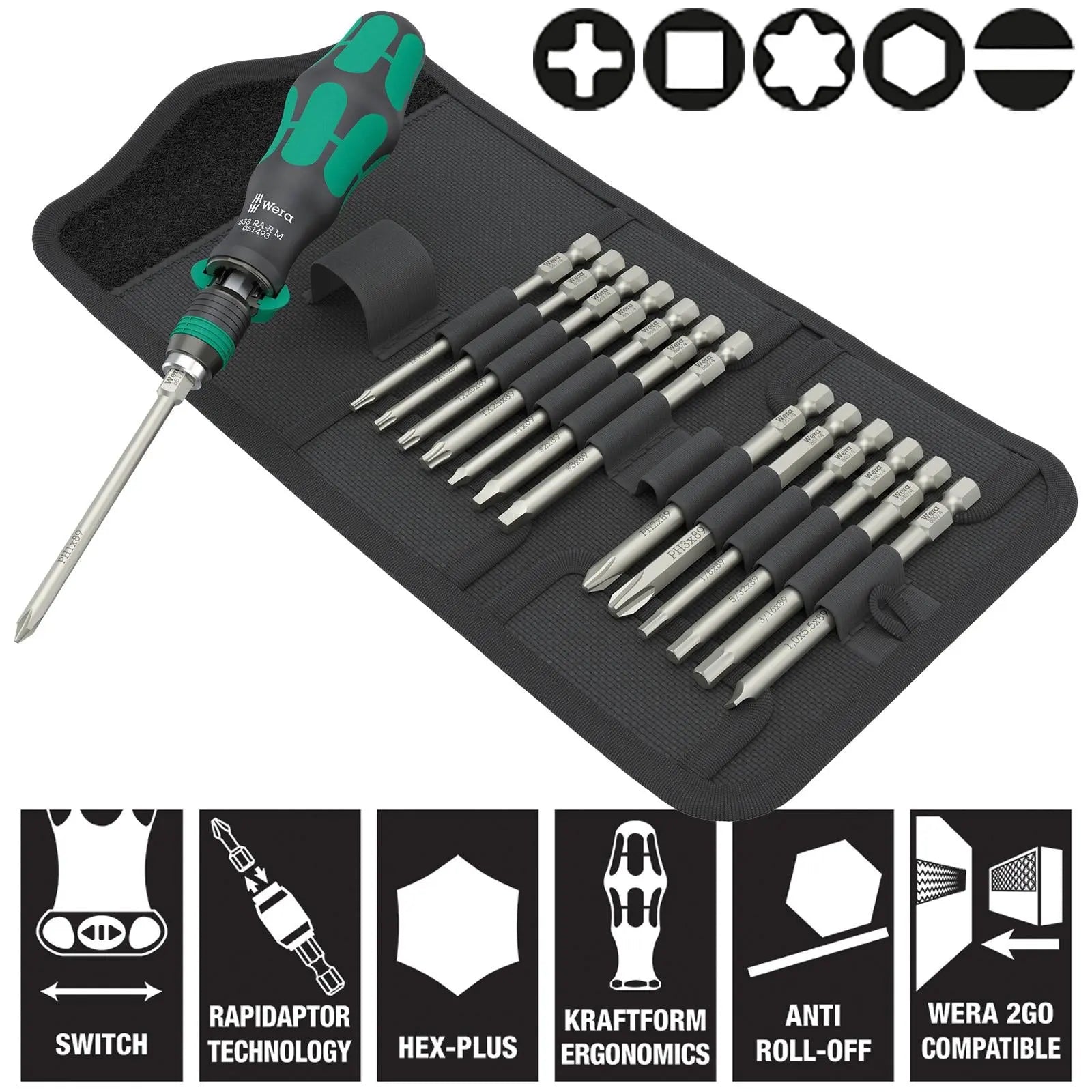 Wera Ratchet Screwdriver Set Kraftform Kompakt KK 838 RA-R M Imperial Set 1 15 Pieces PH TX SQ SL Hex  White Rose Tools