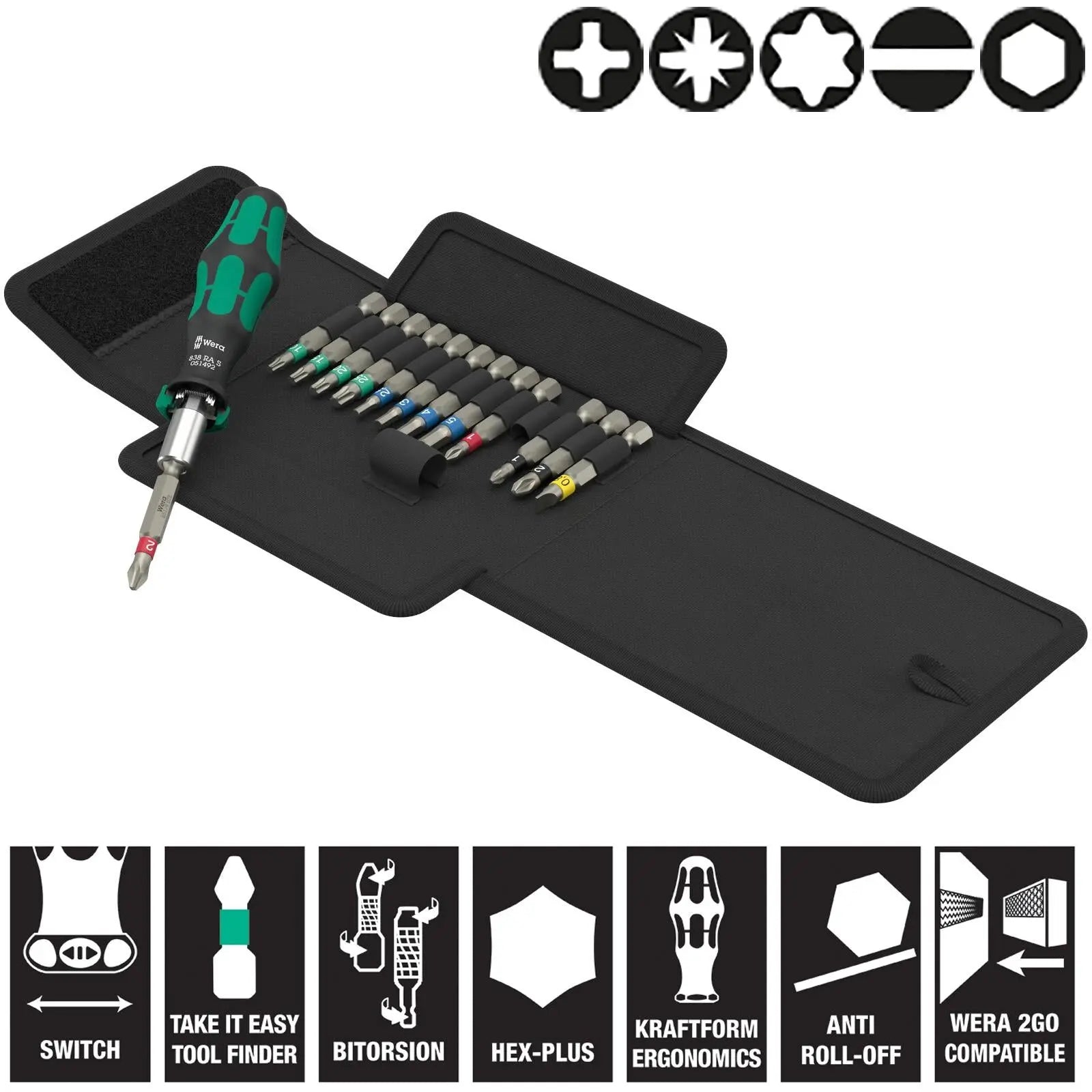 Wera Ratchet Screwdriver Set Kraftform Kompakt KK 838 RA S Set 1 14 Pieces PH PZ TX SL Hex  White Rose Tools