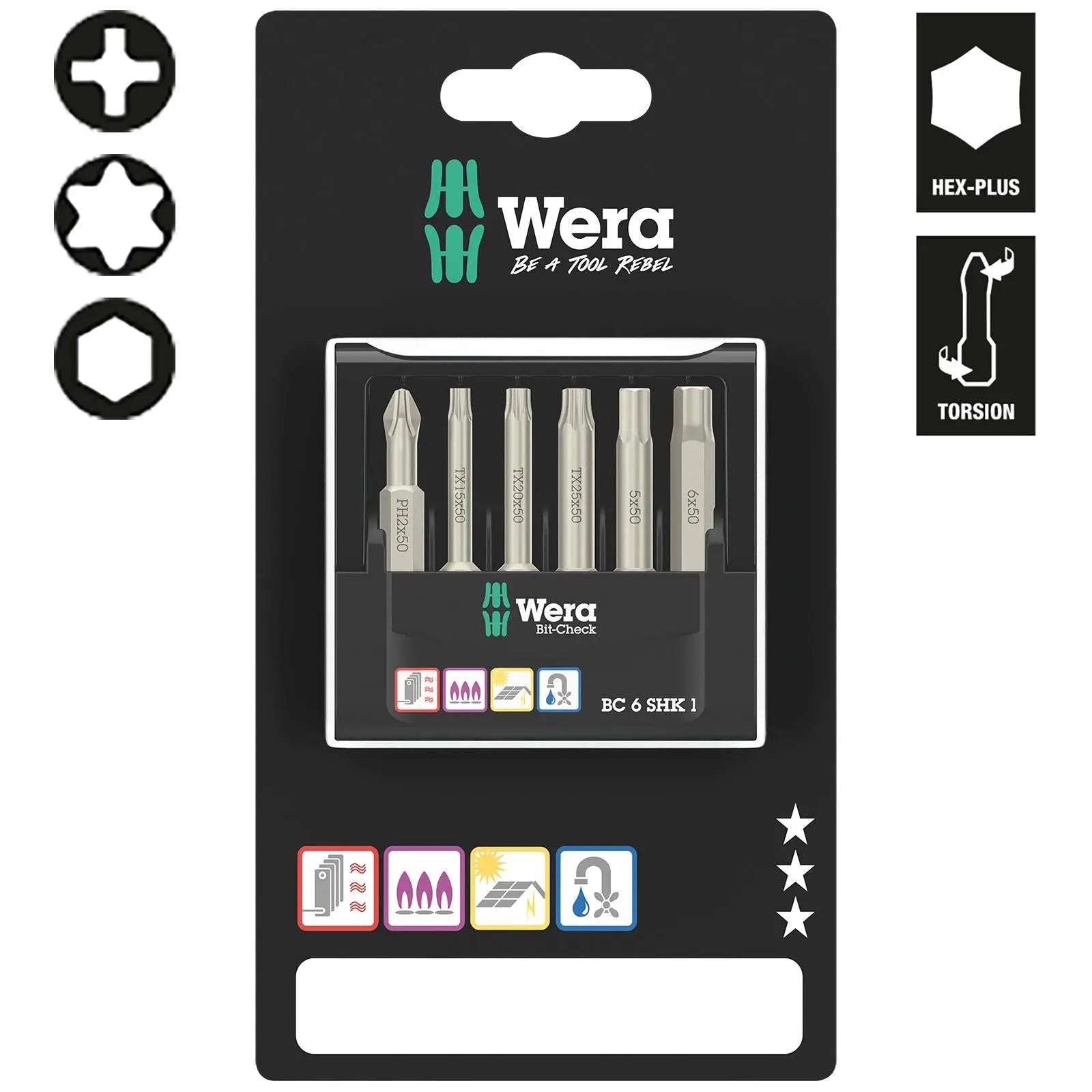 Wera Screwdriver Bit Set Bit-Check 6 SHK 1 SB 6 Pieces PH TX Hex  White Rose Tools
