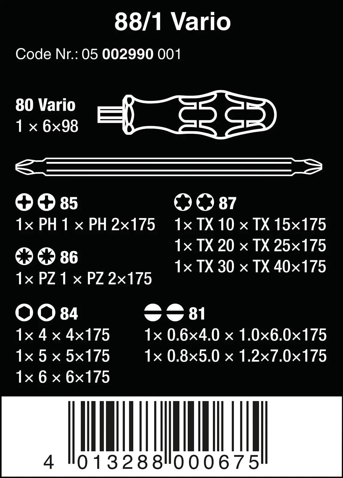 Wera Screwdriver Set 88/1 Vario Set 11 Piece Kraftform Kompakt Handle 175mm Combination Blades  White Rose Tools