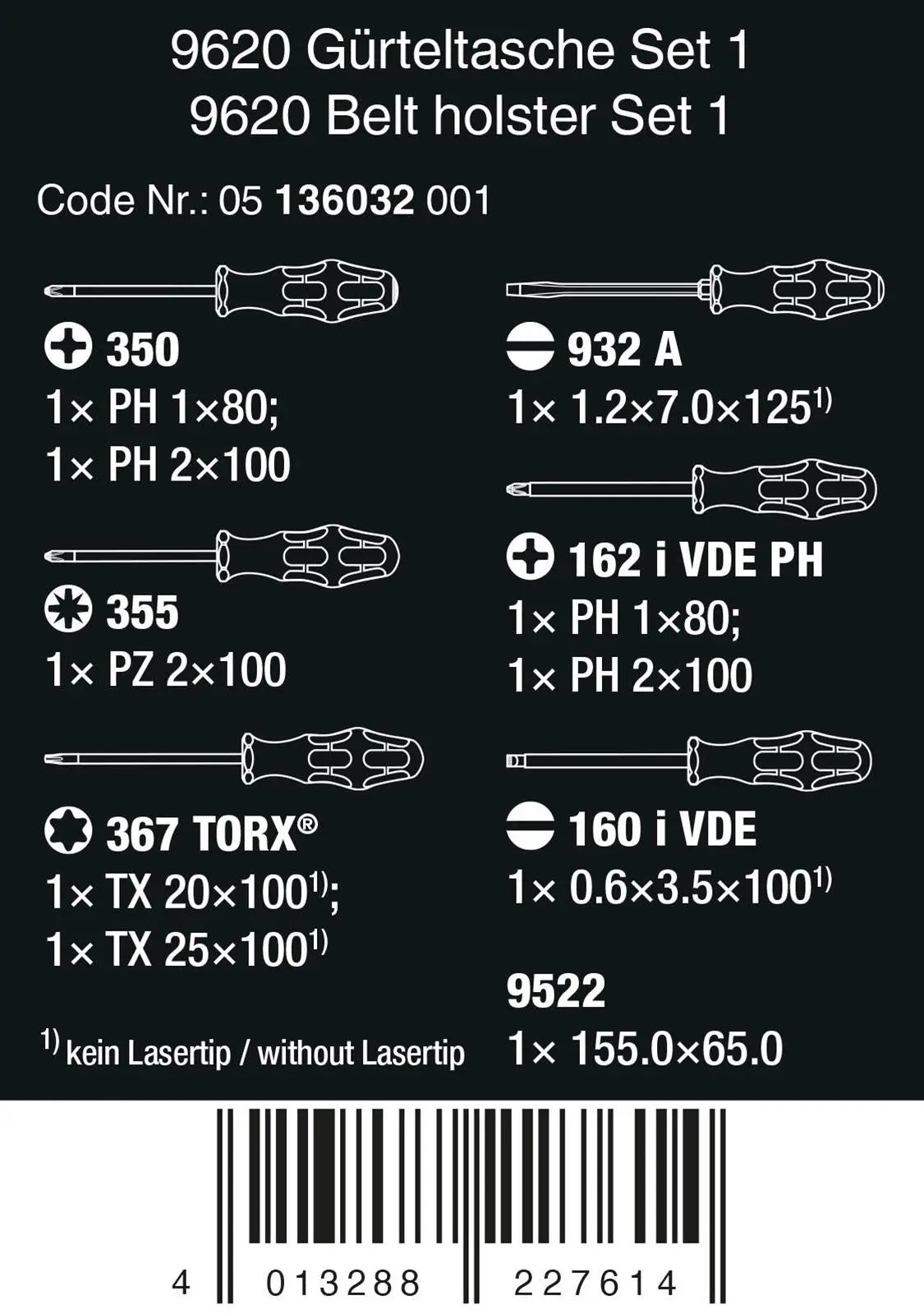 Wera Screwdriver Set 9620 Belt Holster Set 1 VDE Phillips Pozi Torx Slotted 10 Pieces  White Rose Tools