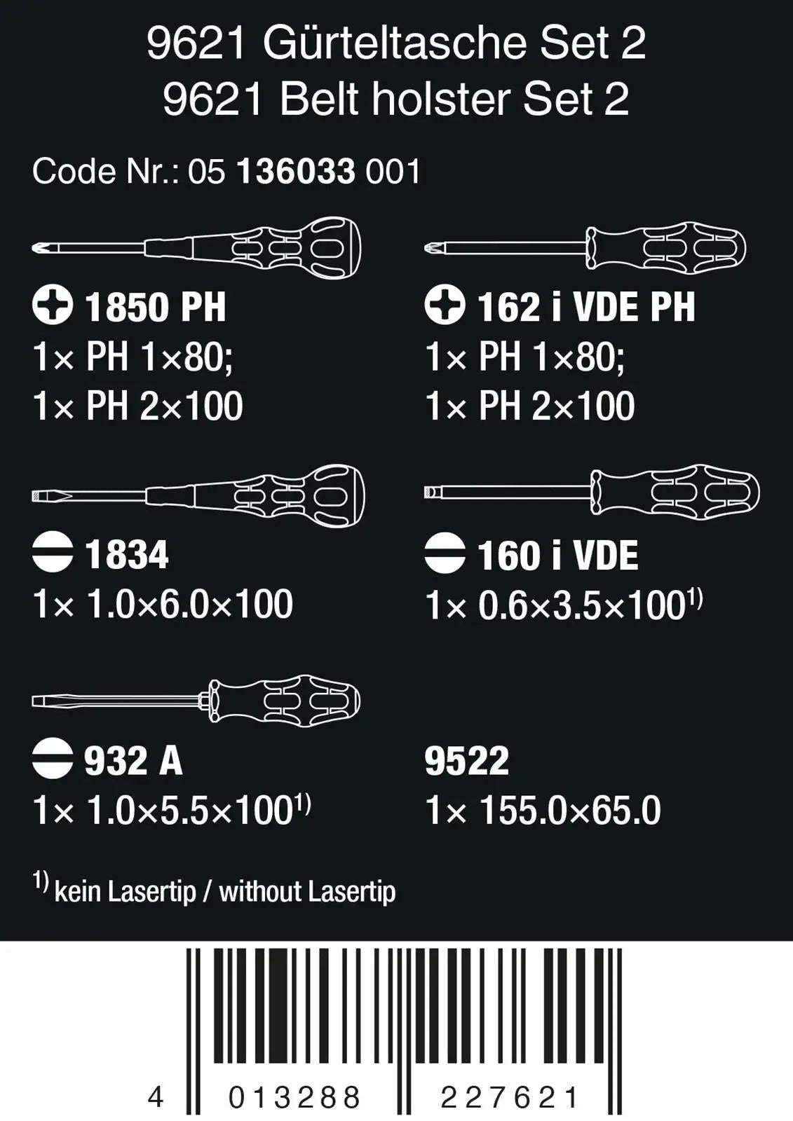 Wera Screwdriver Set 9621 Belt Holster Set 2 VDE Phillips Slotted Ball Grip 8 Pieces  White Rose Tools