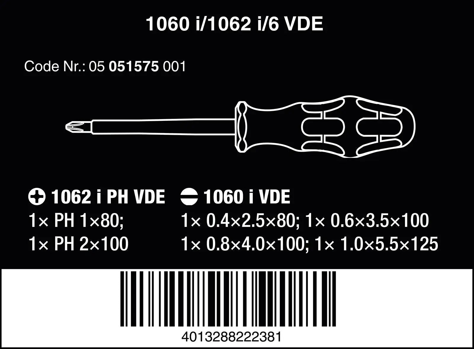 Wera Screwdriver Set Kraftform VDE 6 Pieces Phillips Slotted 1060 i/1062 i/6 