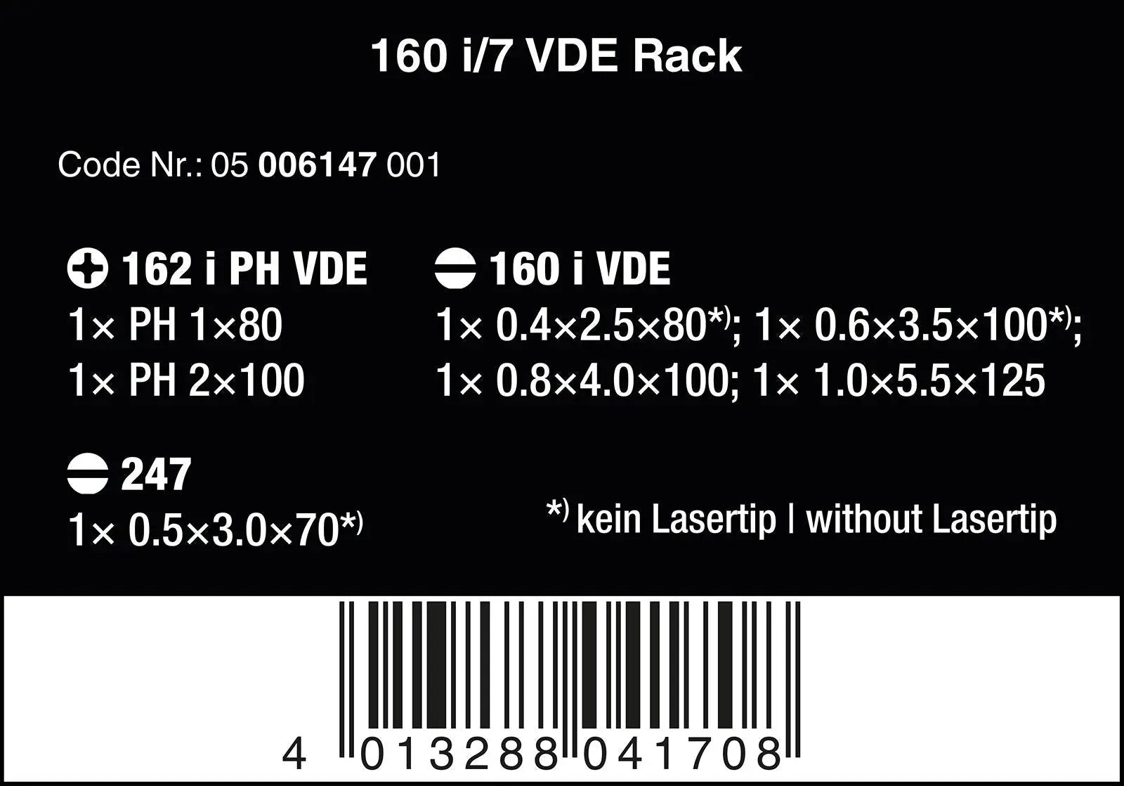 Wera Screwdriver Set Rack VDE 7 Piece 160 i/7 Kraftform Plus Series 100 Voltage Tester Slotted Phillips  White Rose Tools
