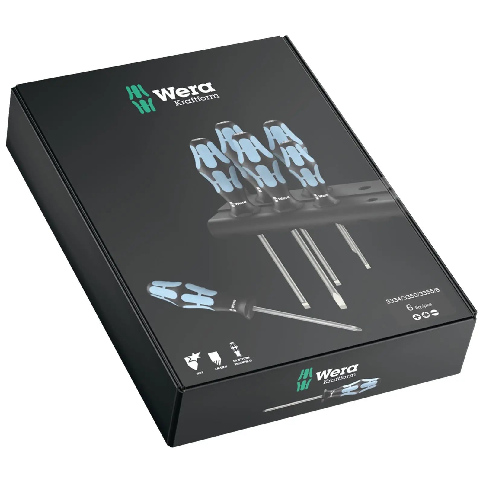 Wera Screwdriver Set Stainless Steel in Rack 6 Piece 3334/3350/3355/6 Phillips Pozi Slotted  White Rose Tools