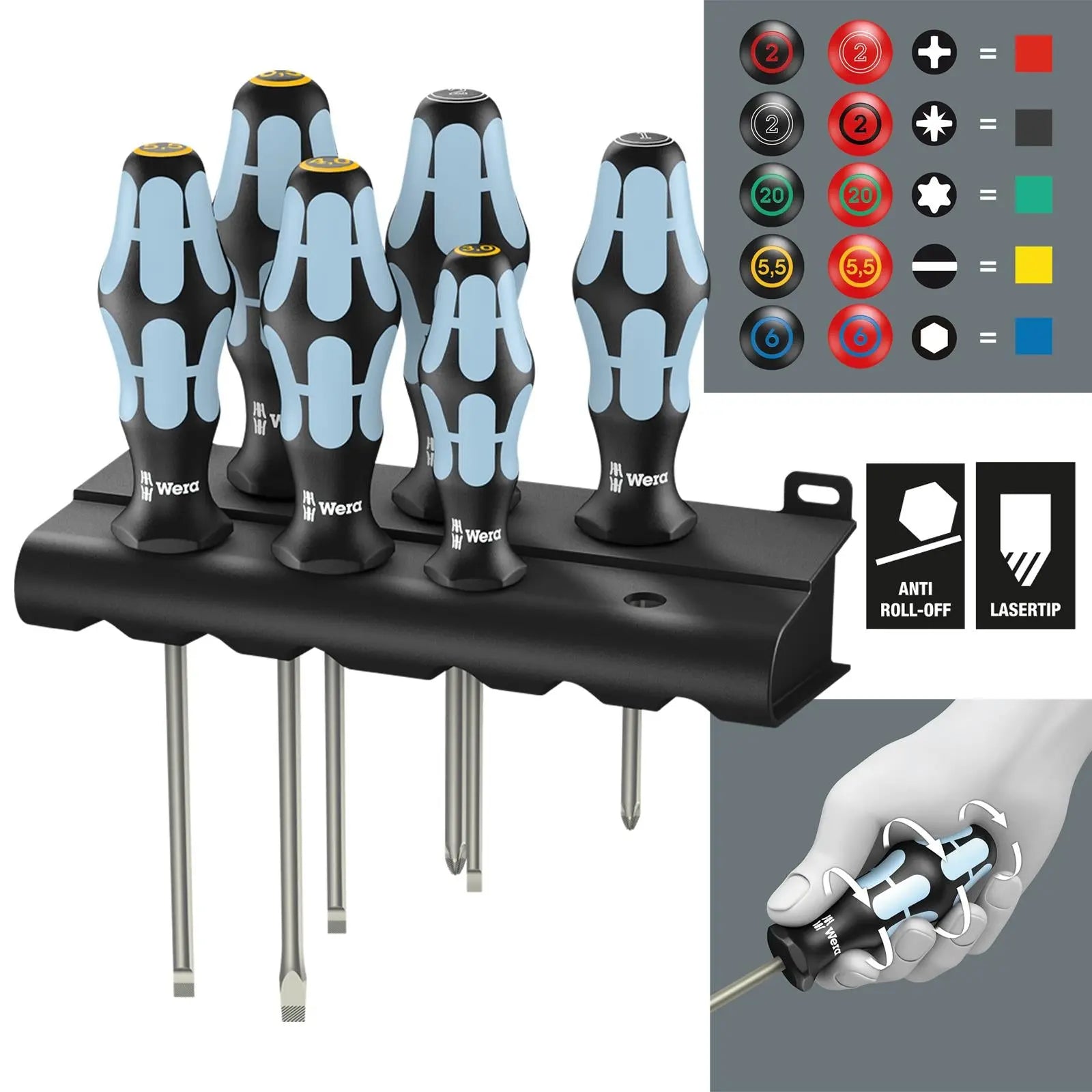 Wera Screwdriver Set Stainless Steel in Rack 6 Piece 3334/3355/6 Pozi Slotted  White Rose Tools