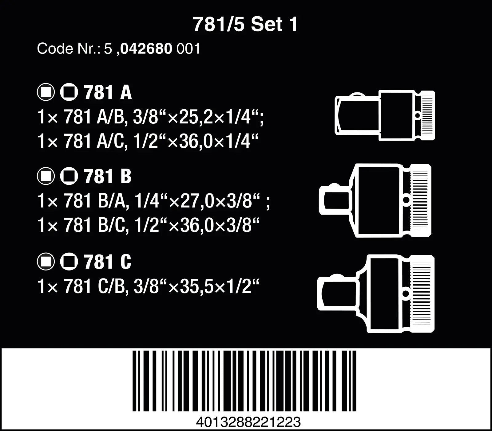 Wera Socket Adaptor Zyklop 781/5 Set 1 6 Piece on Belt Clip 