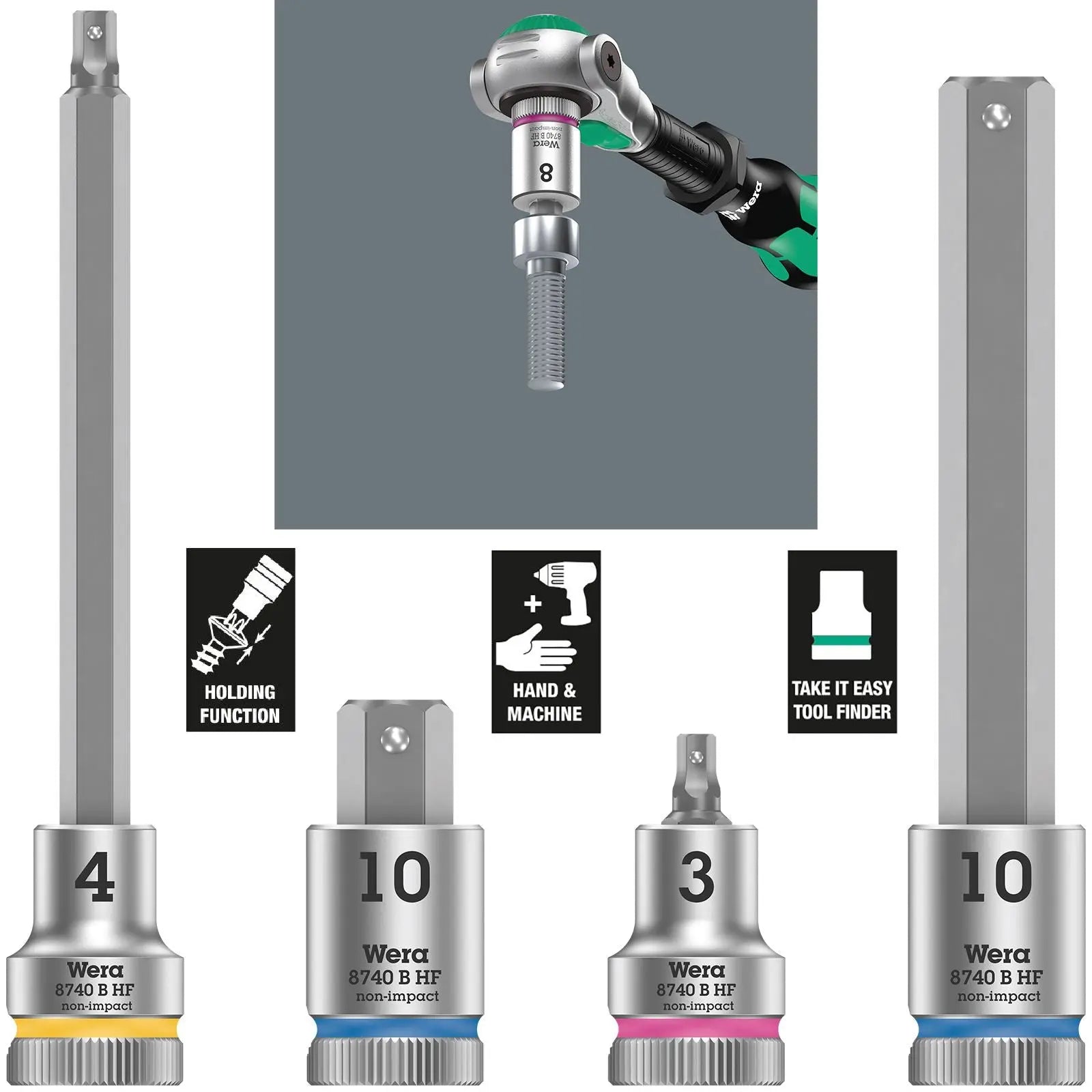 Wera Socket Bit Hex HF 3/8" Drive Zyklop Socket Bits with Holding Function 8740 B 3-10 mm  White Rose Tools