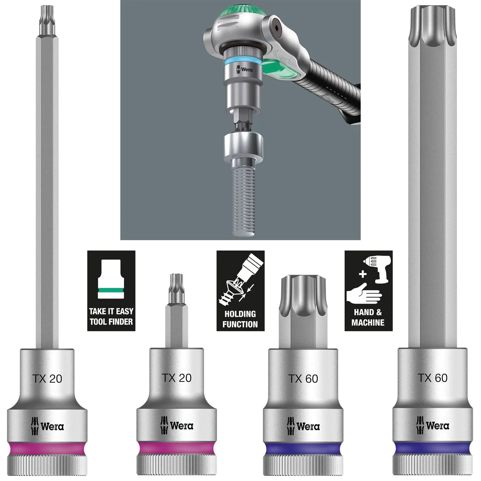 Wera Socket Bit TORX HF 1/2" Drive Zyklop Socket Bits with Holding Function 8767 C TX20-TX60  White Rose Tools