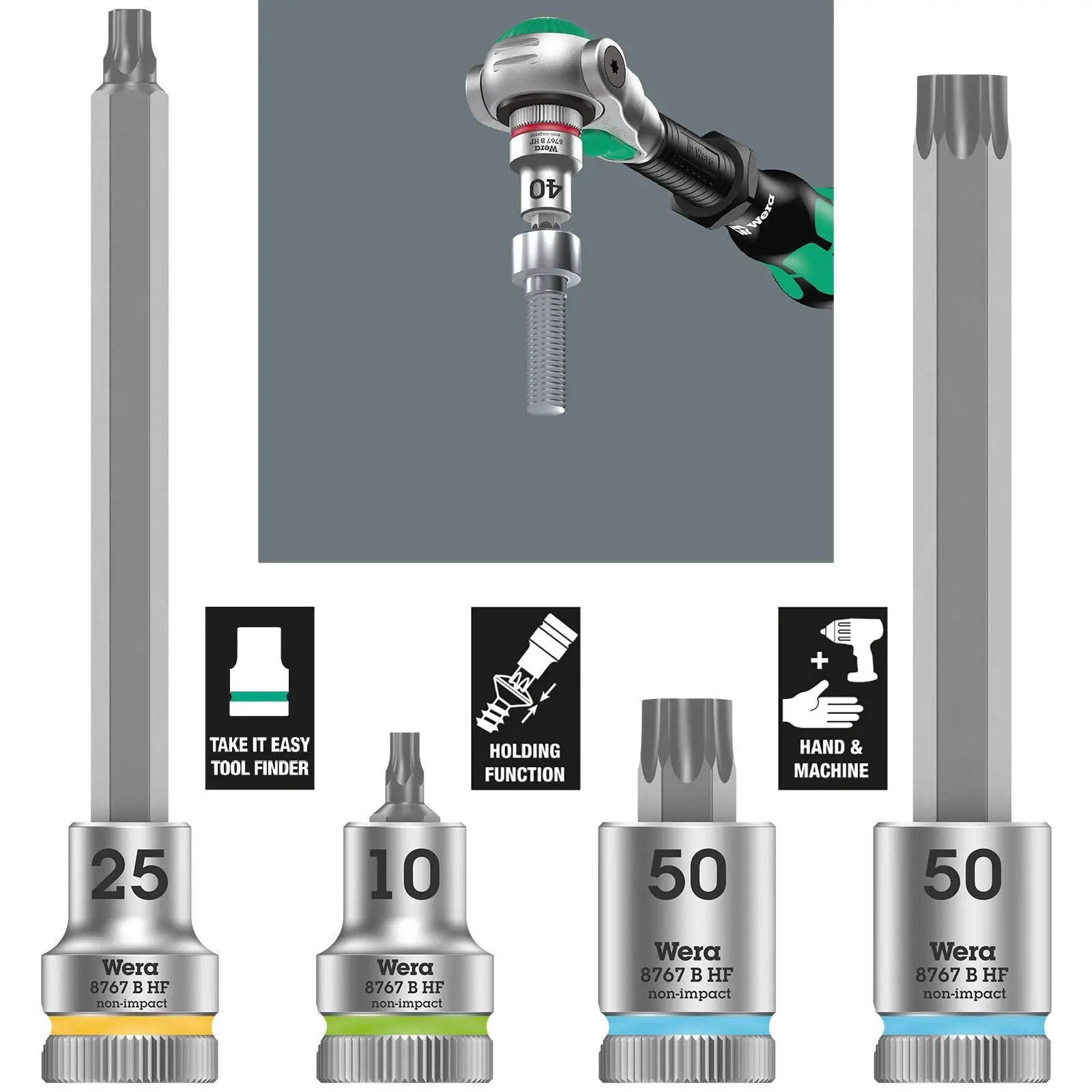 Wera Socket Bit TORX HF 3/8" Drive Zyklop Socket Bits with Holding Function 8767 B TX10-TX50  White Rose Tools
