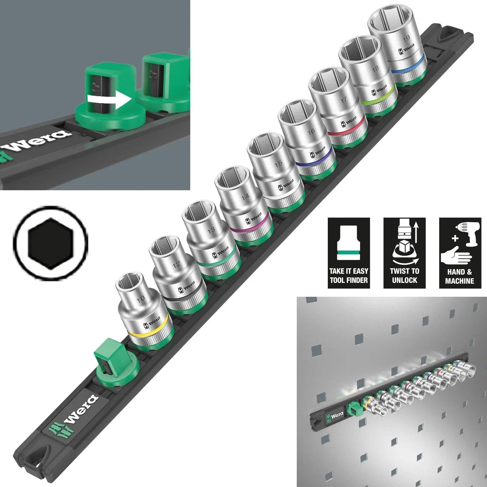 Wera Socket Set 1/2" Drive on Magnetic Socket Rail C 4 Zyklop 9 Pieces Metric 10-19mm 