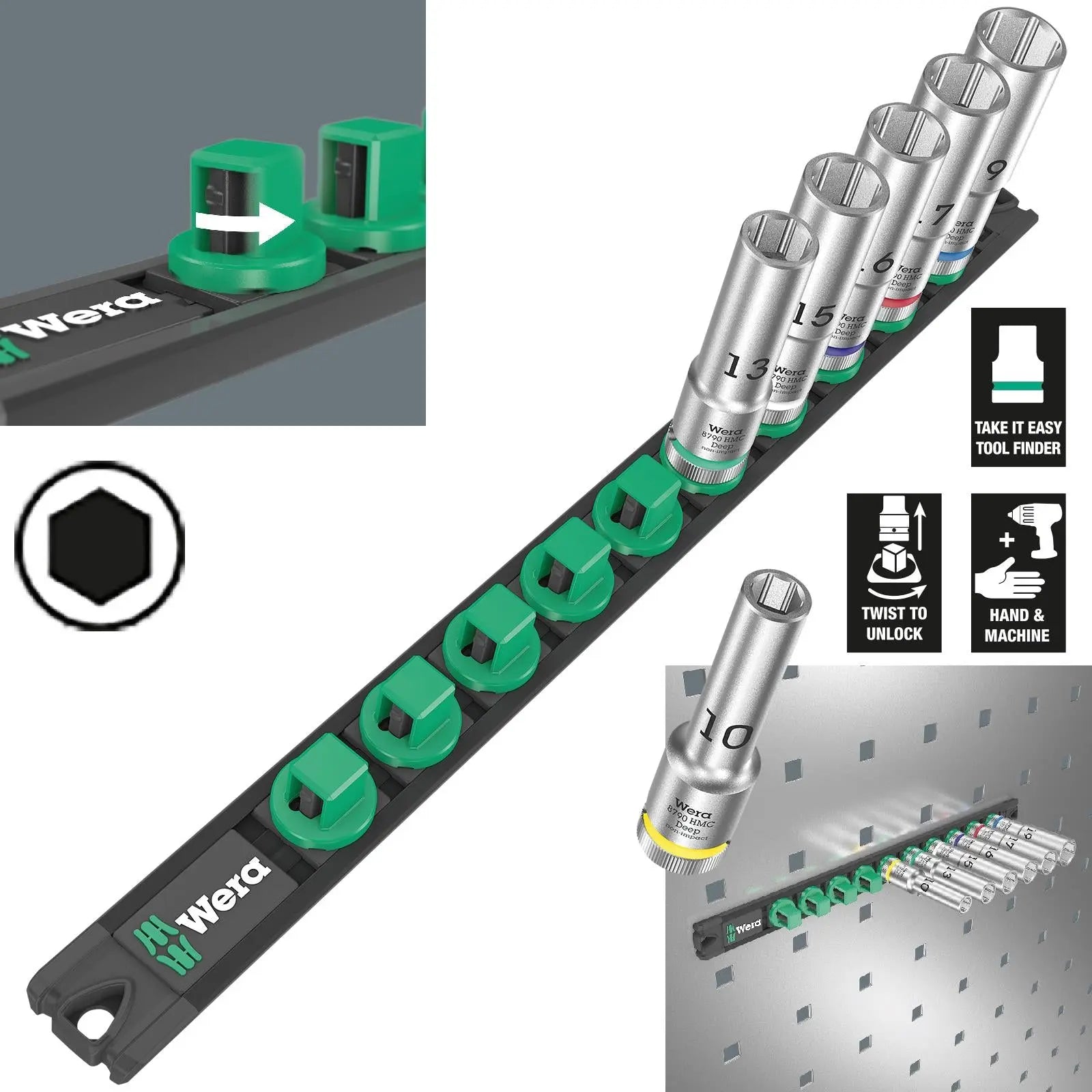 Wera Socket Set 1/2" Drive on Magnetic Socket Rail C Deep 1 Zyklop 6 Pieces Metric 10-19mm 