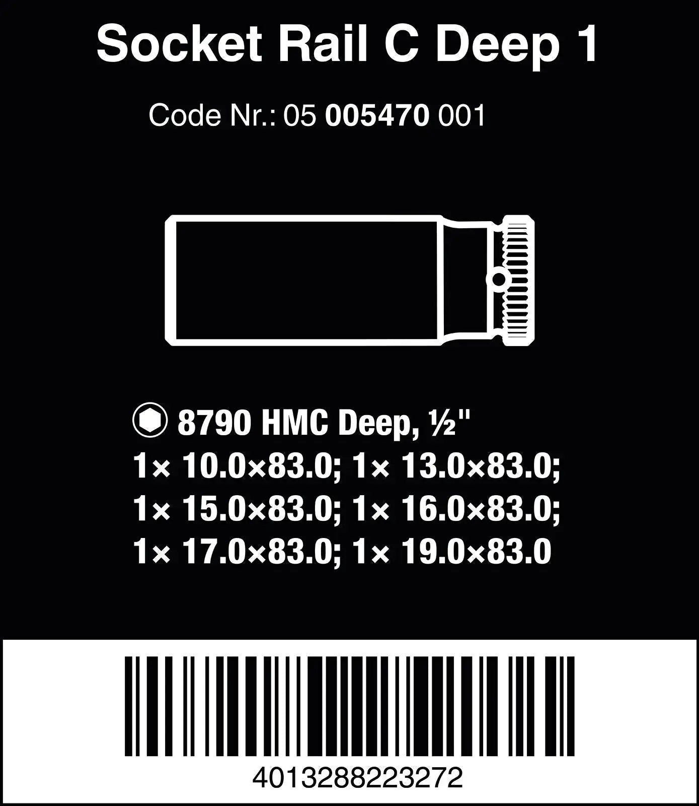 Wera Socket Set 1/2" Drive on Magnetic Socket Rail C Deep 1 Zyklop 6 Pieces Metric 10-19mm 