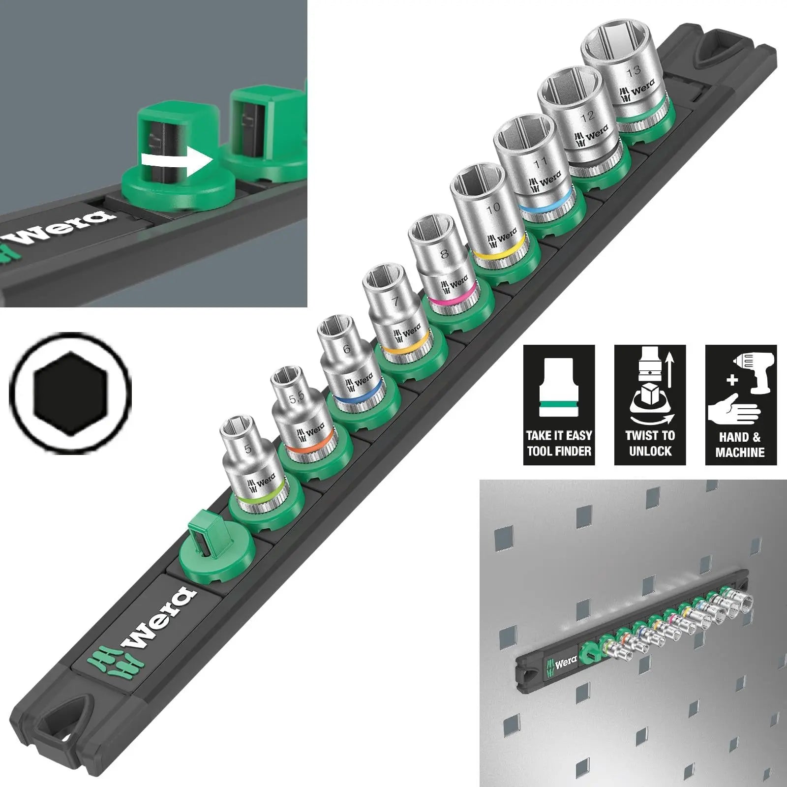 Wera Socket Set 1/4" Drive on Magnetic Socket Rail A 4 Zyklop 9 Pieces Metric 5-13mm 