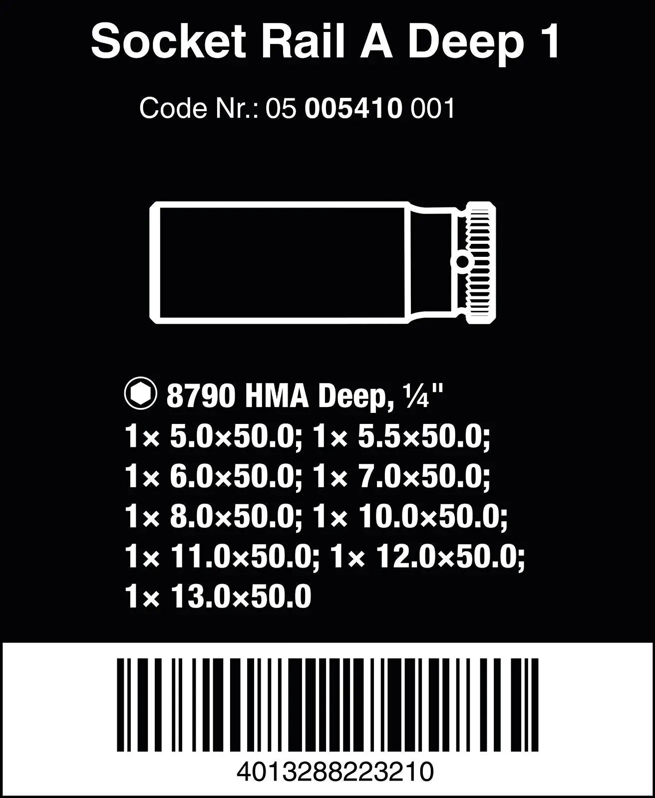 Wera Socket Set 1/4" Drive on Magnetic Socket Rail A Deep 1 Zyklop 9 Pieces Metric 5-13mm 
