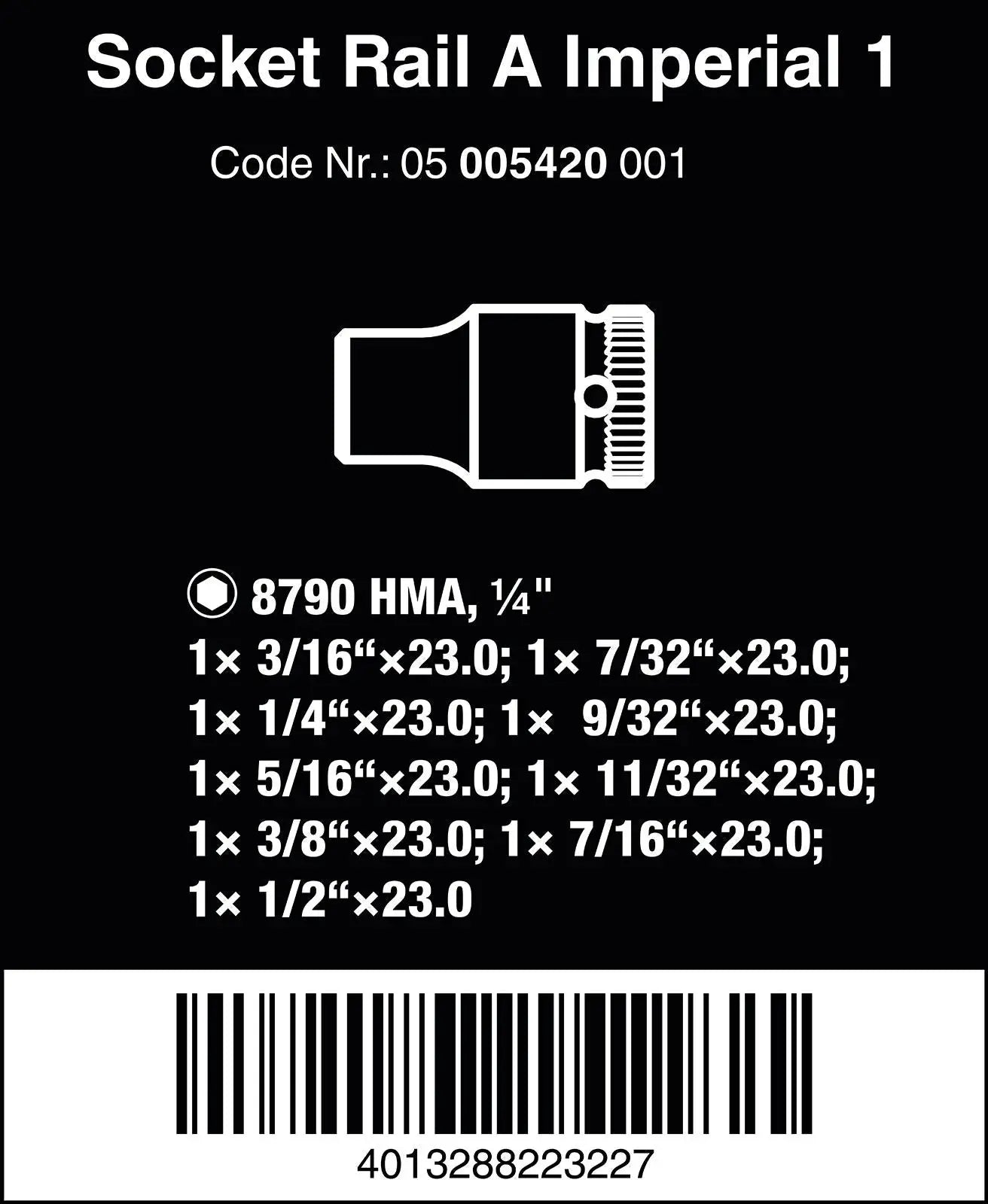 Wera Socket Set 1/4" Drive on Magnetic Socket Rail A Imperial 1 Zyklop 9 Pieces 3/16" to 1/2 