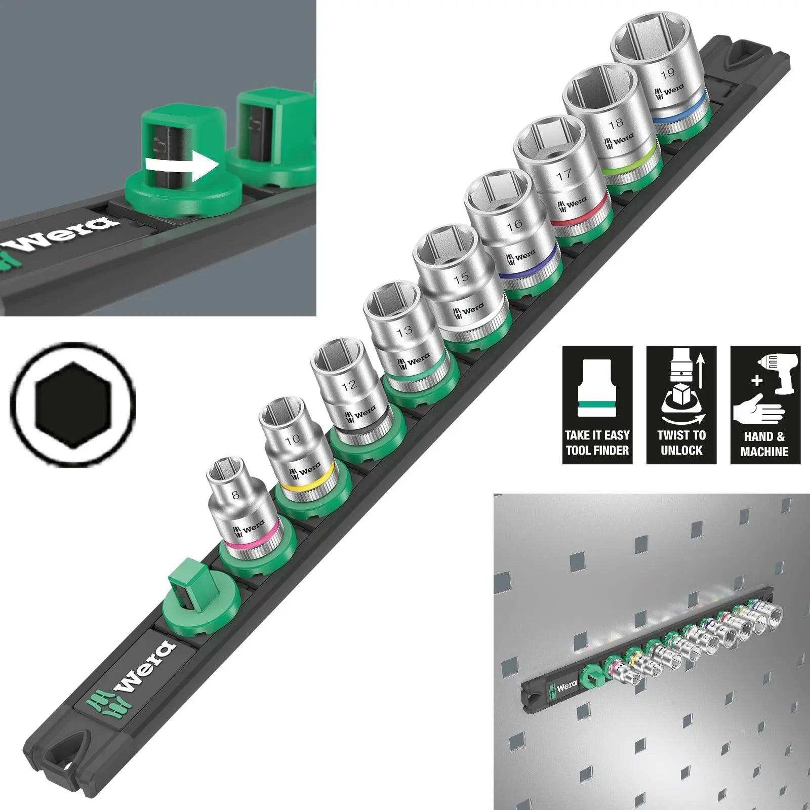 Wera Socket Set 3/8" Drive on Magnetic Socket Rail B 4 Zyklop 9 Pieces Metric 8-19mm 