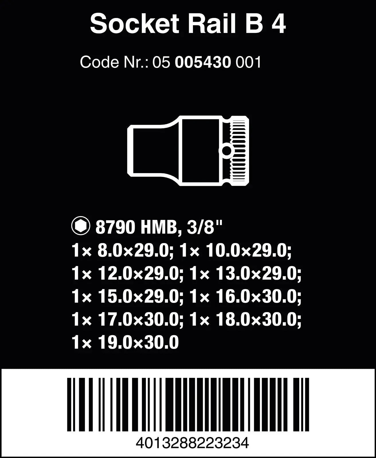 Wera Socket Set 3/8" Drive on Magnetic Socket Rail B 4 Zyklop 9 Pieces Metric 8-19mm 