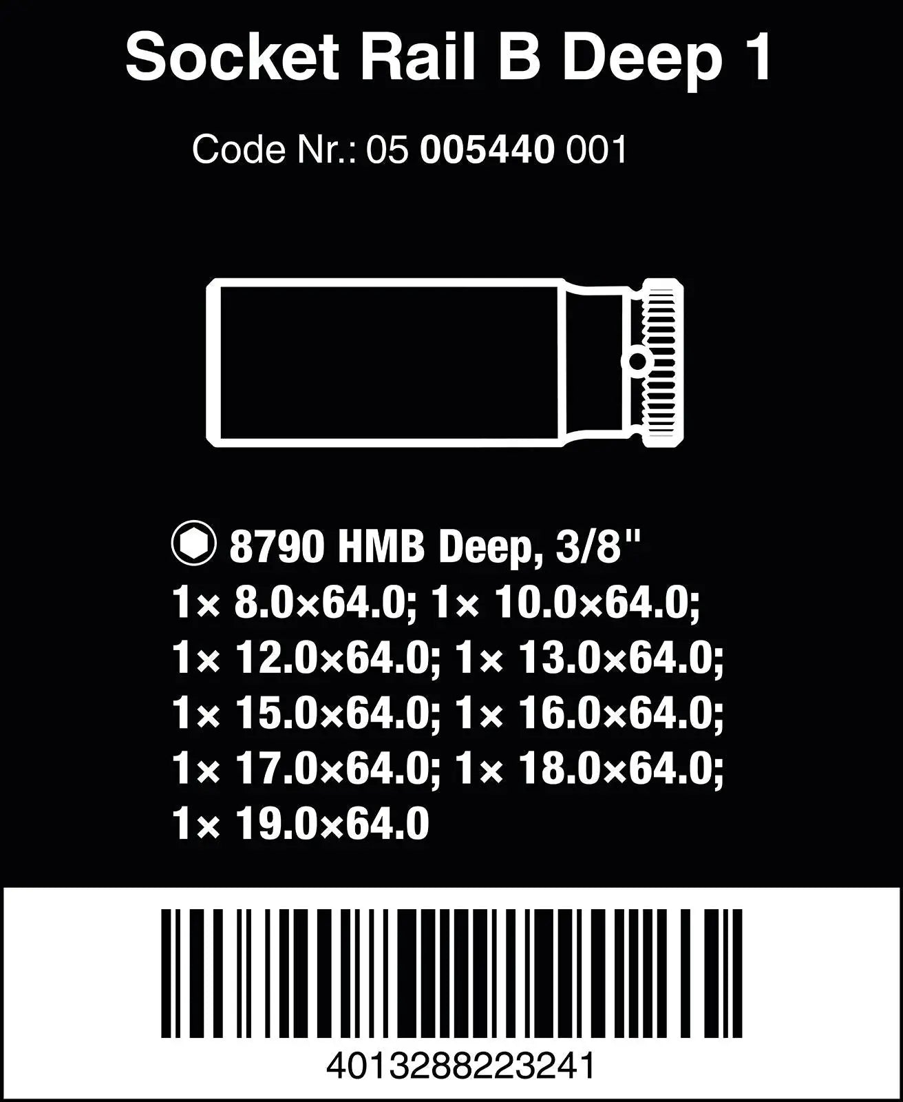 Wera Socket Set 3/8" Drive on Magnetic Socket Rail B Deep 1 Zyklop 9 Pieces Metric 8-19mm 