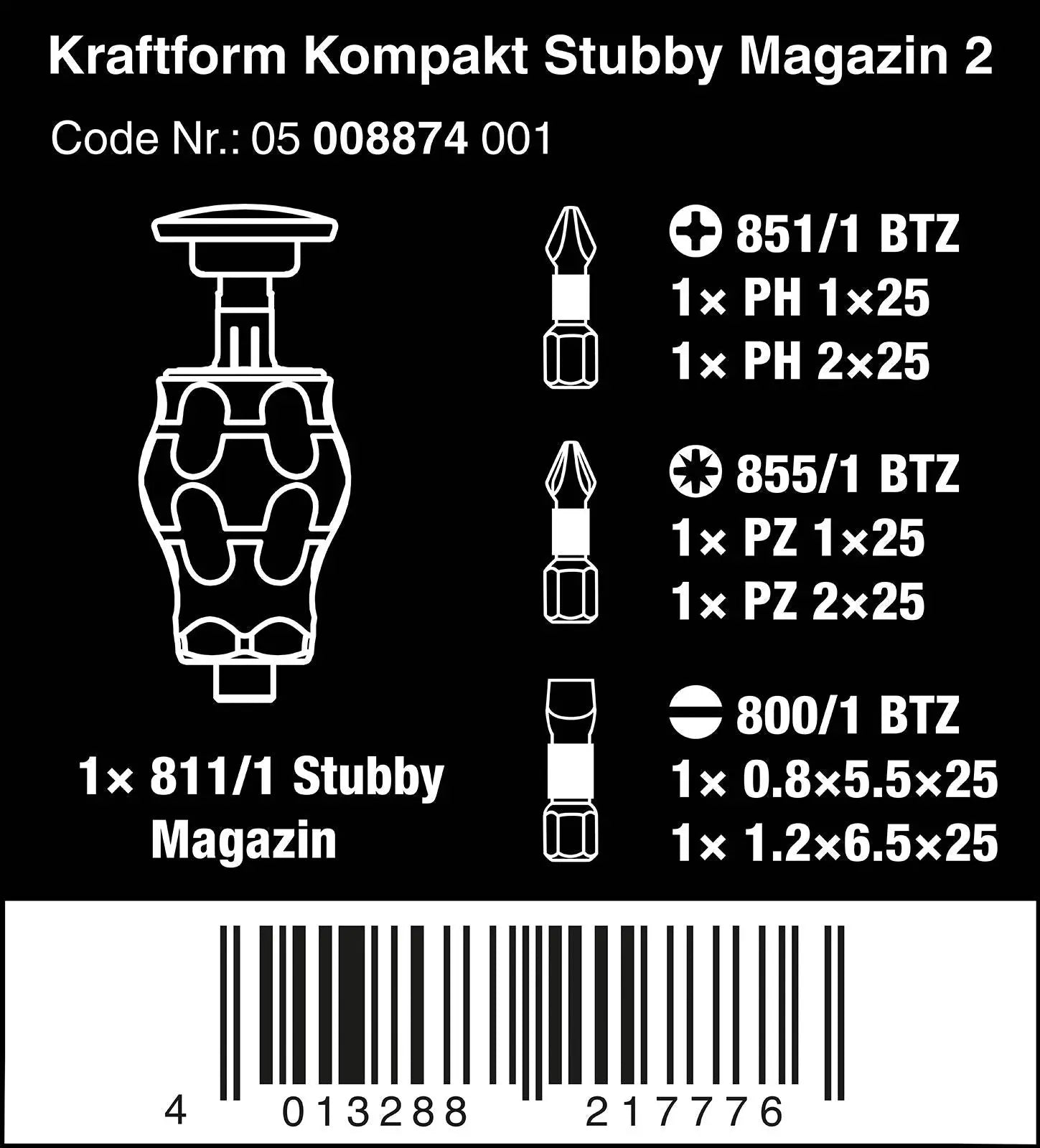Wera Stubby Screwdriver Kraftform Kompakt Magazine 2 6 Piece PH PZ SL 