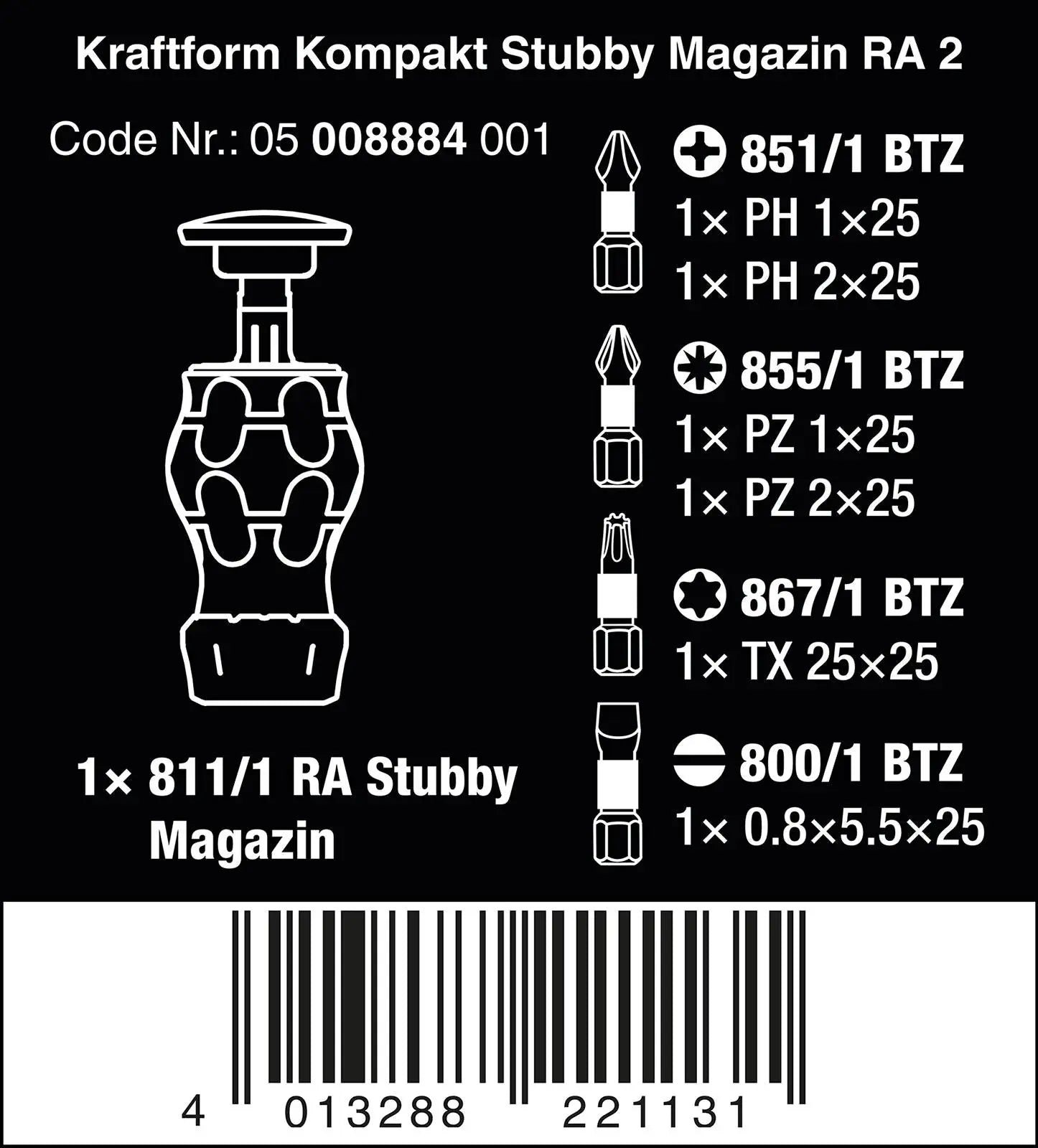 Wera Stubby Screwdriver Ratchet Function Kraftform Kompakt Magazine RA 2 6 Piece PH PZ TX SL 