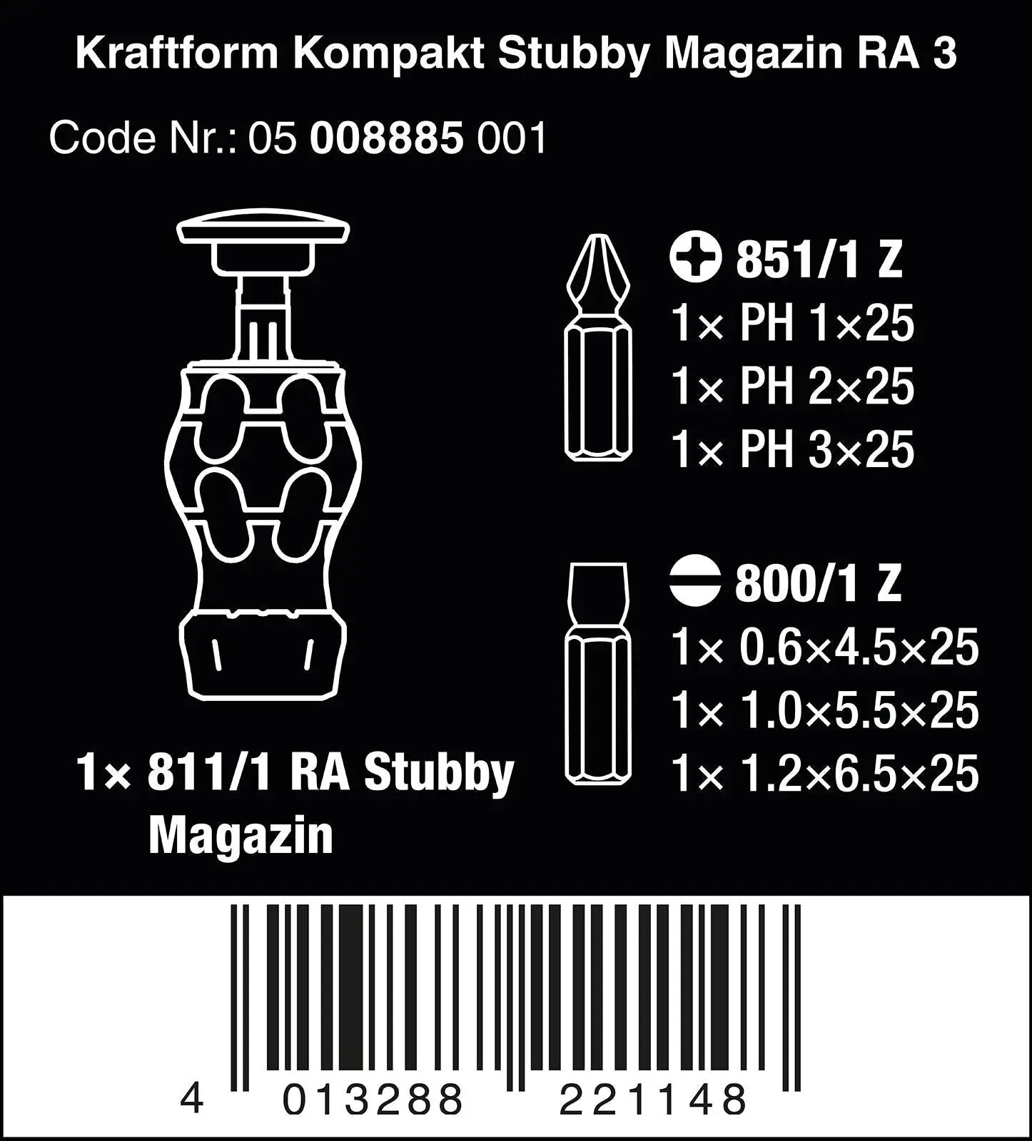 Wera Stubby Screwdriver Ratchet Function Kraftform Kompakt Magazine RA 3 6 Piece PH SL 