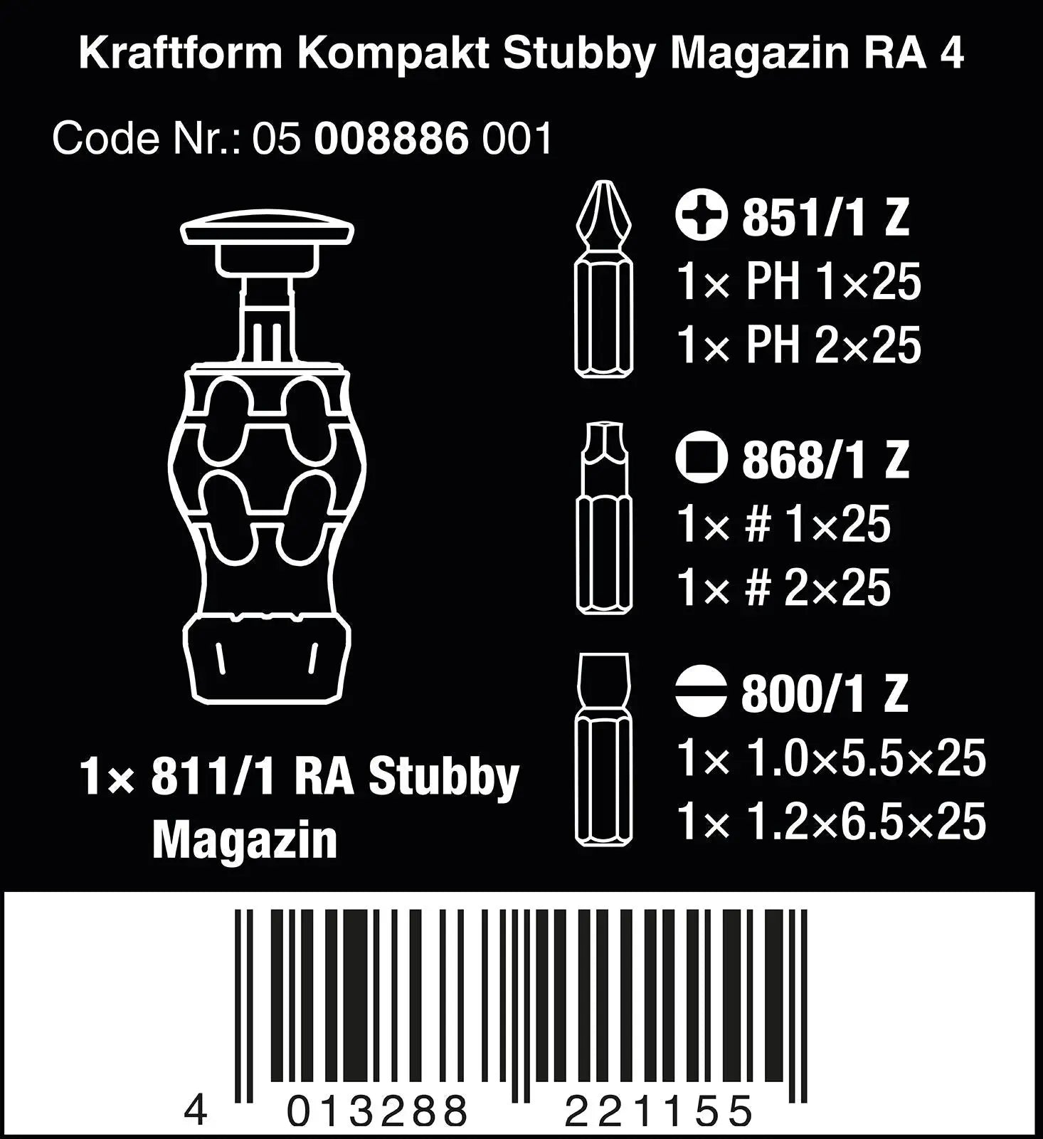 Wera Stubby Screwdriver Ratchet Function Kraftform Kompakt Magazine RA 4 6 Piece PH SL SQ 
