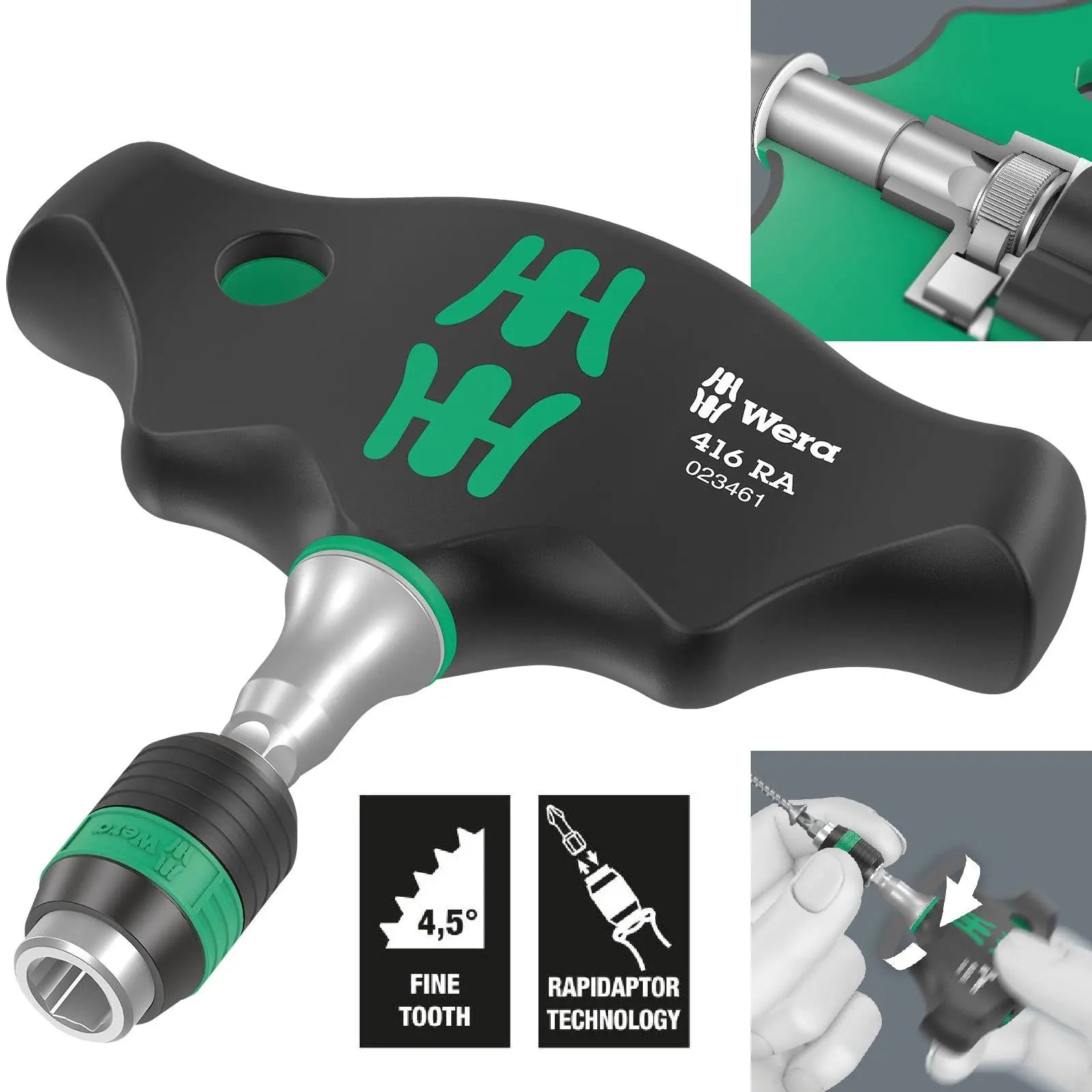 Wera T-Handle Screwdriver 1/4" Hex with Ratchet Function 416 RA Rapidaptor Quick Release Chuck 