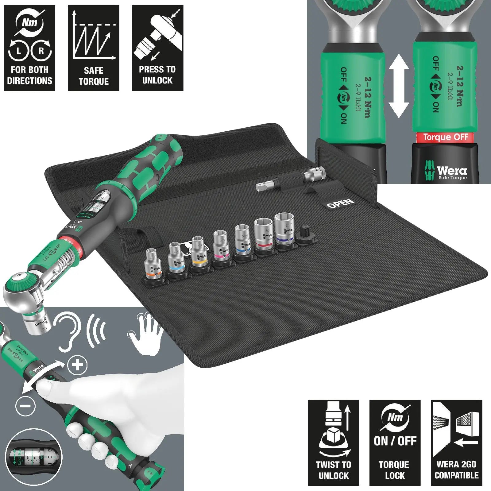 Wera Torque Wrench Safe-Torque A 1 Imperial Set 1 1/4" Drive 2-12 Nm 10 Pieces Reversible 