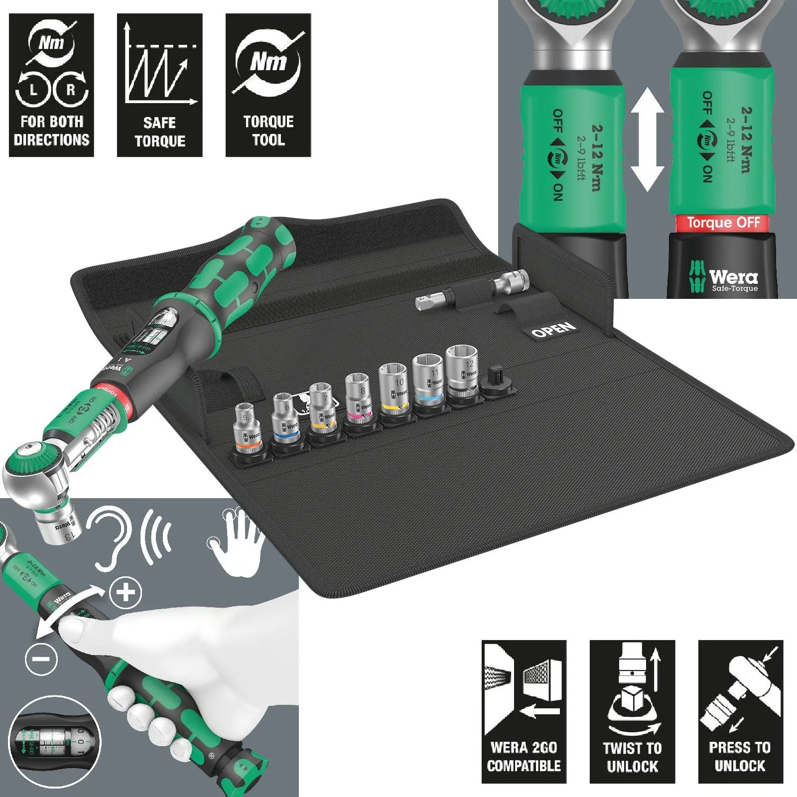 Wera Torque Wrench Safe-Torque A 1 Set 1 1/4" Drive 2-12 Nm 10 Pieces Reversible 