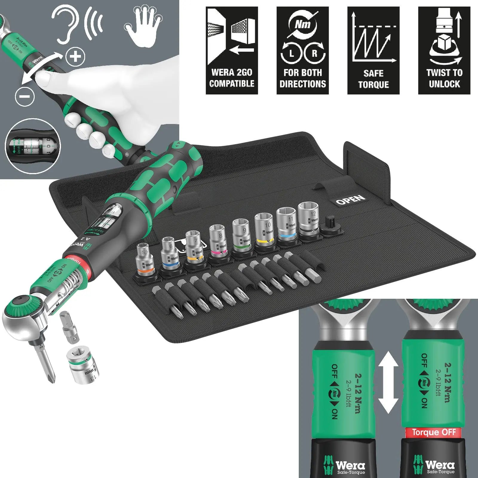 Wera Torque Wrench Safe-Torque A 2 Set 1 1/4" Hex Drive 2-12 Nm 23 Pieces Reversible 