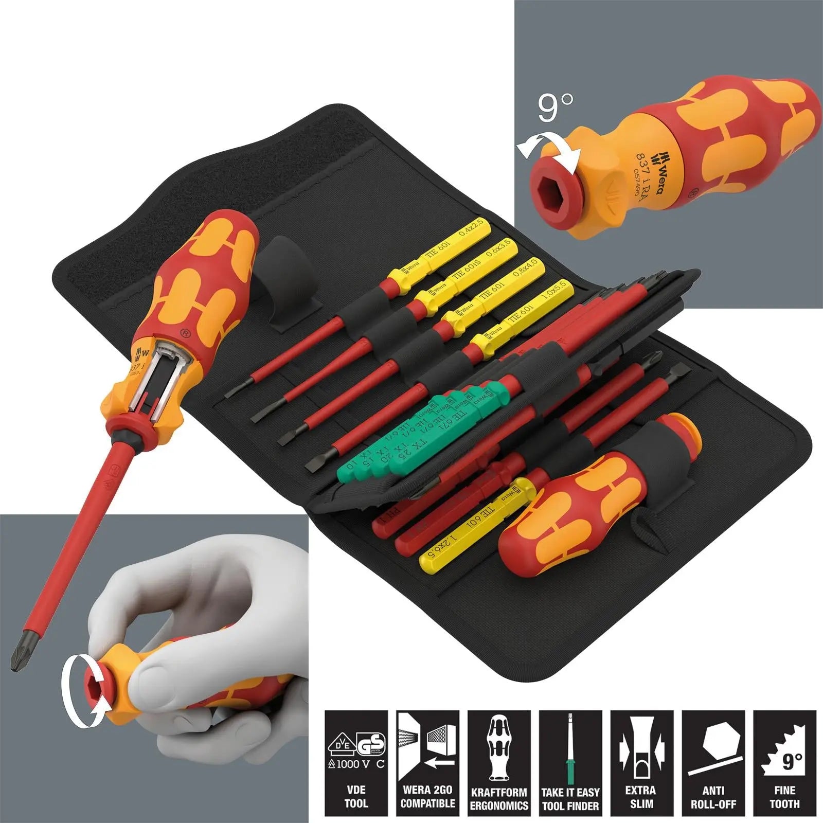 Wera VDE Ratchet Screwdriver Set Take It Easy Kraftform Kompakt KK VDE 17 RA 1 17 Pieces PH PZ PZ/S TX SL  White Rose Tools