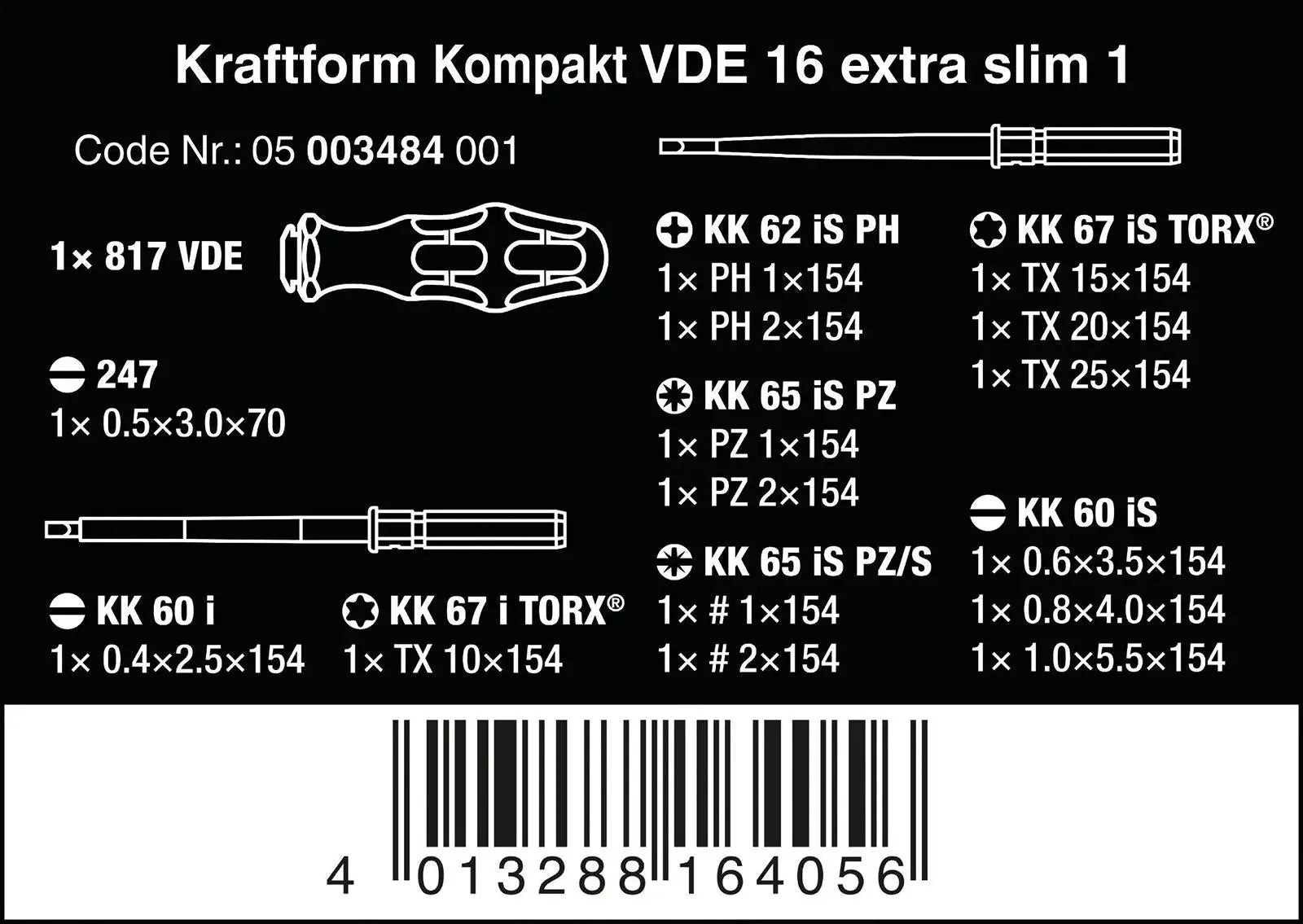 Wera VDE Screwdriver Set Interchangable Kraftform Kompakt 16 Extra Slim 1 16 Pieces  White Rose Tools