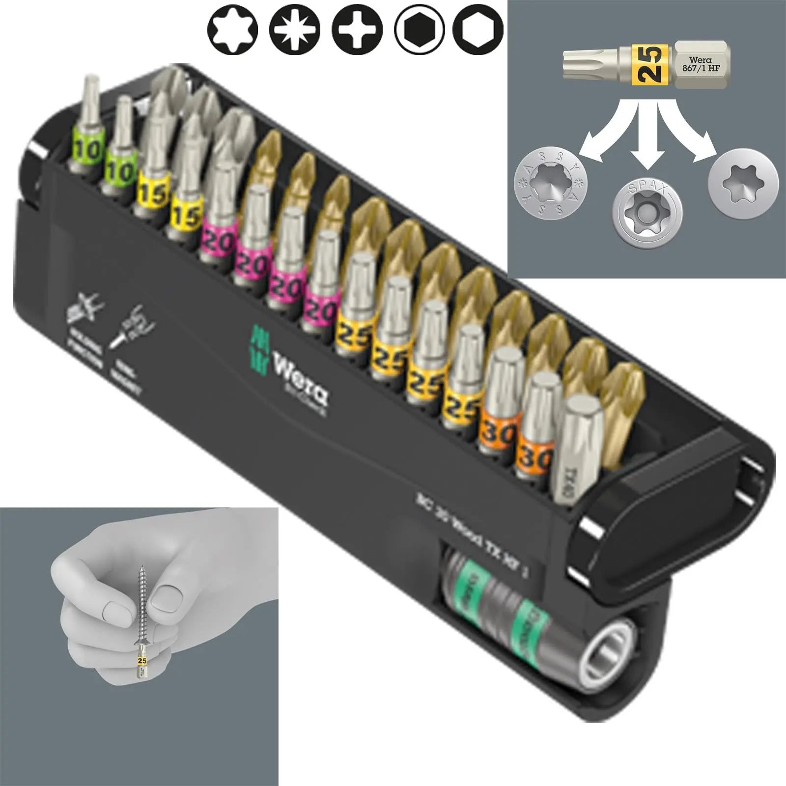 Wera Wood Screwdriver Bits Torx with Holding Function 30 Piece Bit-Check 30 Wood TX HF 1  White Rose Tools