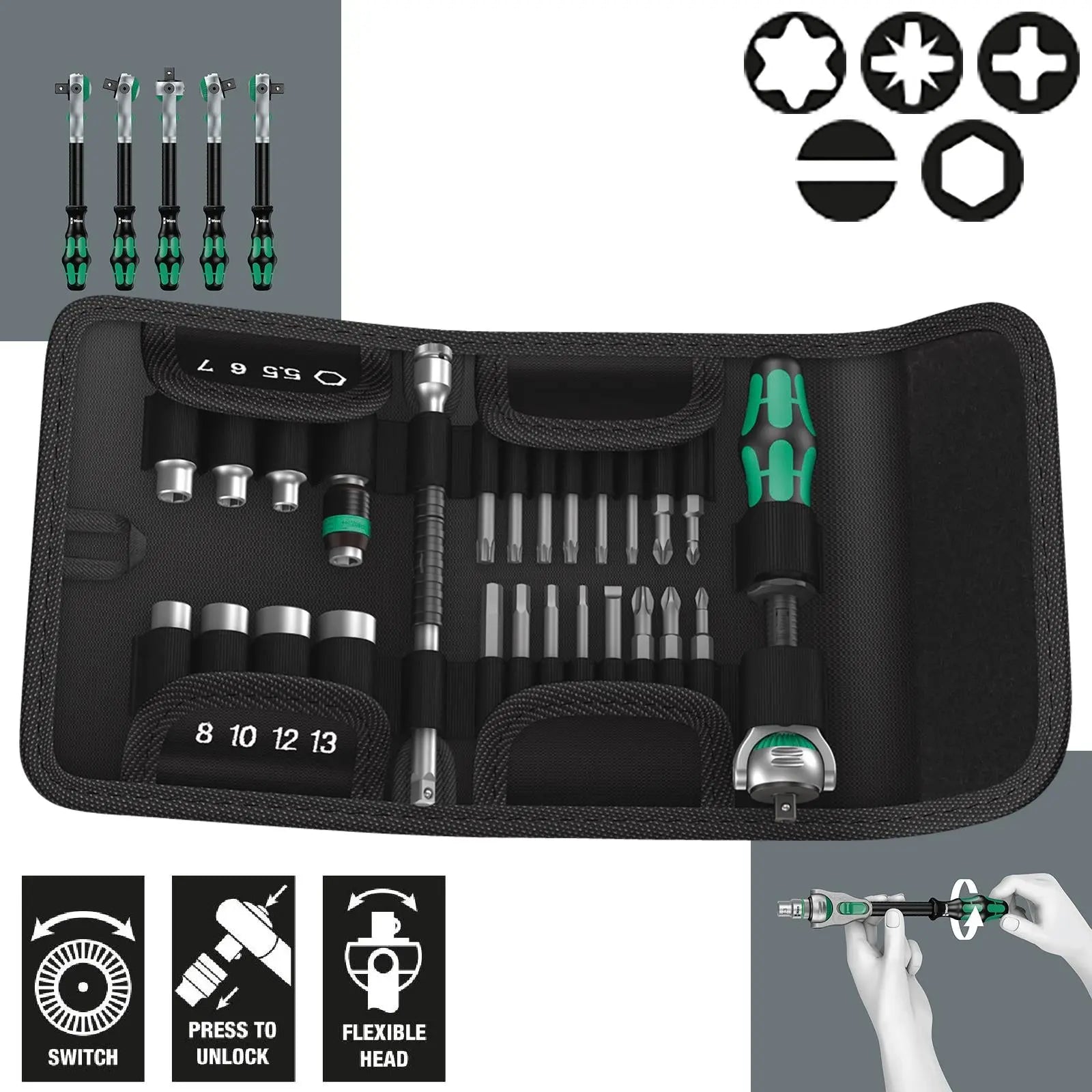 Wera Zyklop Speed Ratchet Socket and Screwdriver Bit Set 1/4" Drive 26 Pieces Kraftform Kompakt  White Rose Tools