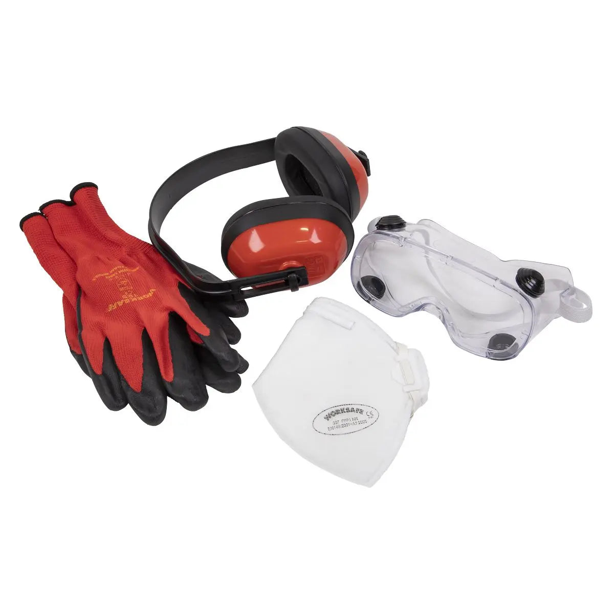Worksafe by Sealey Flexi Grip Gloves, FFP1 Mask, Goggles & Ear Defenders 