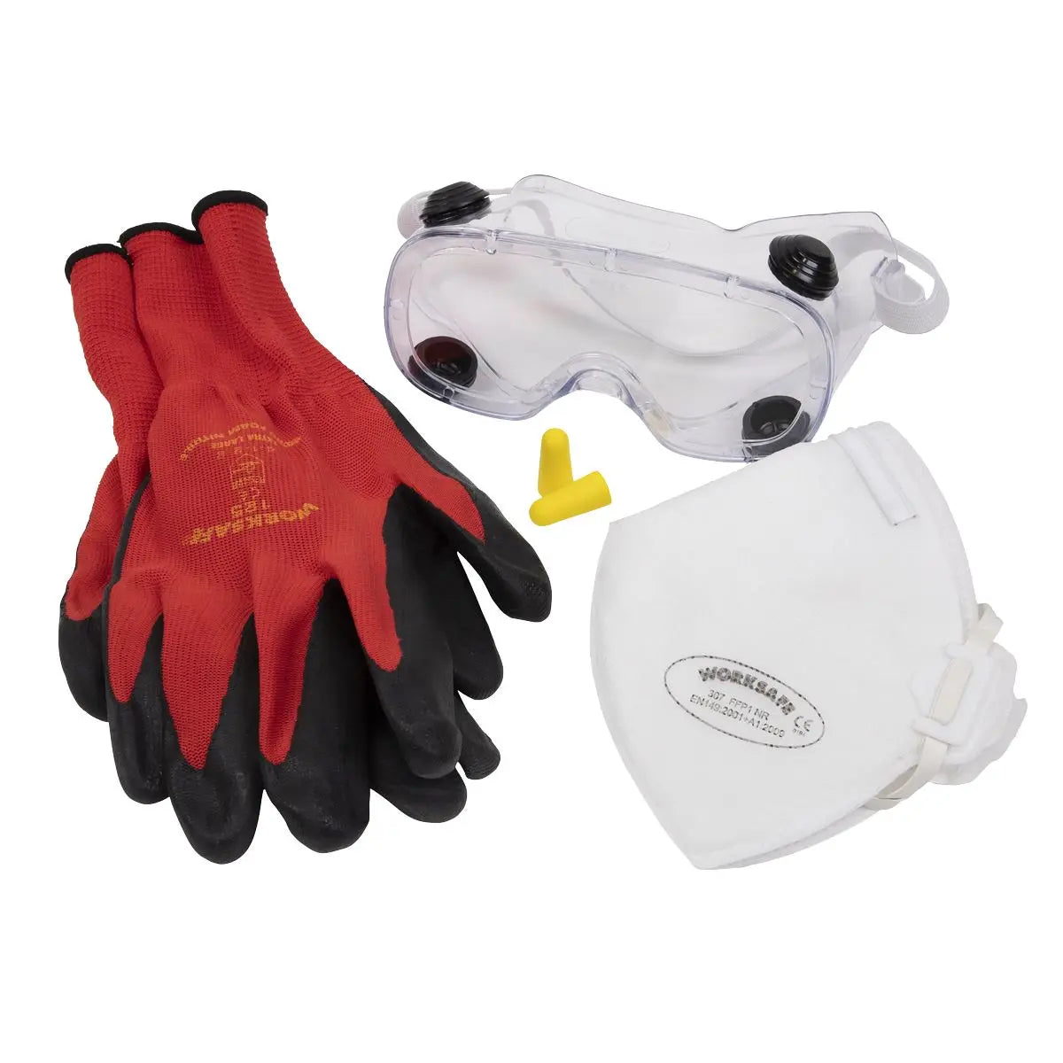 Worksafe by Sealey Flexi Grip Gloves, FFP1 Mask, Goggles & Ear Plugs 