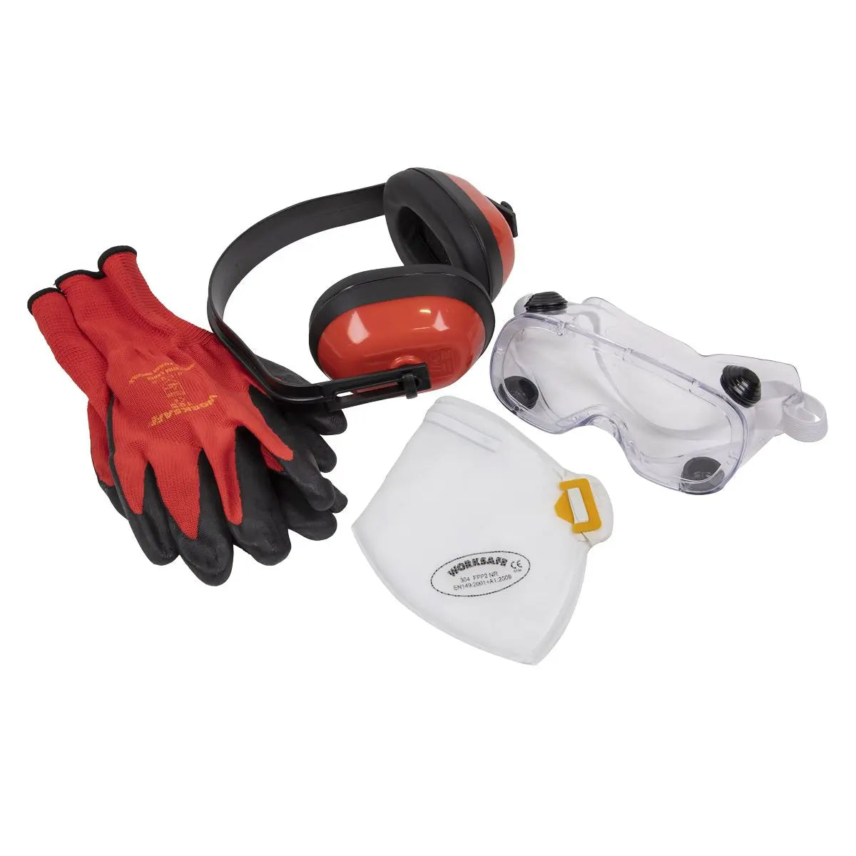Worksafe by Sealey Flexi Grip Gloves, FFP2 Mask, Goggles & Ear Defenders 