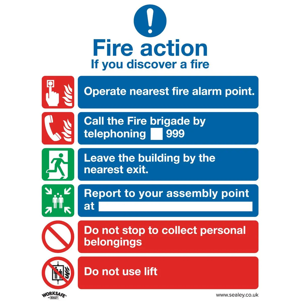 Worksafe by Sealey Safe Conditions Safety Sign - Fire Action With Lift - Self-Adhesive Vinyl 