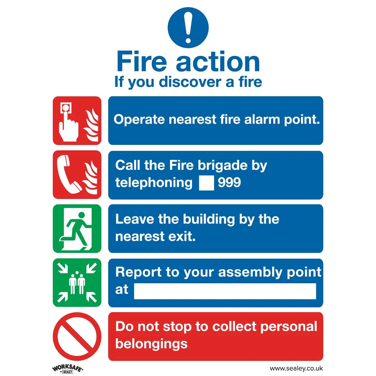Worksafe by Sealey Safe Conditions Safety Sign - Fire Action Without Lift - Rigid Plastic 