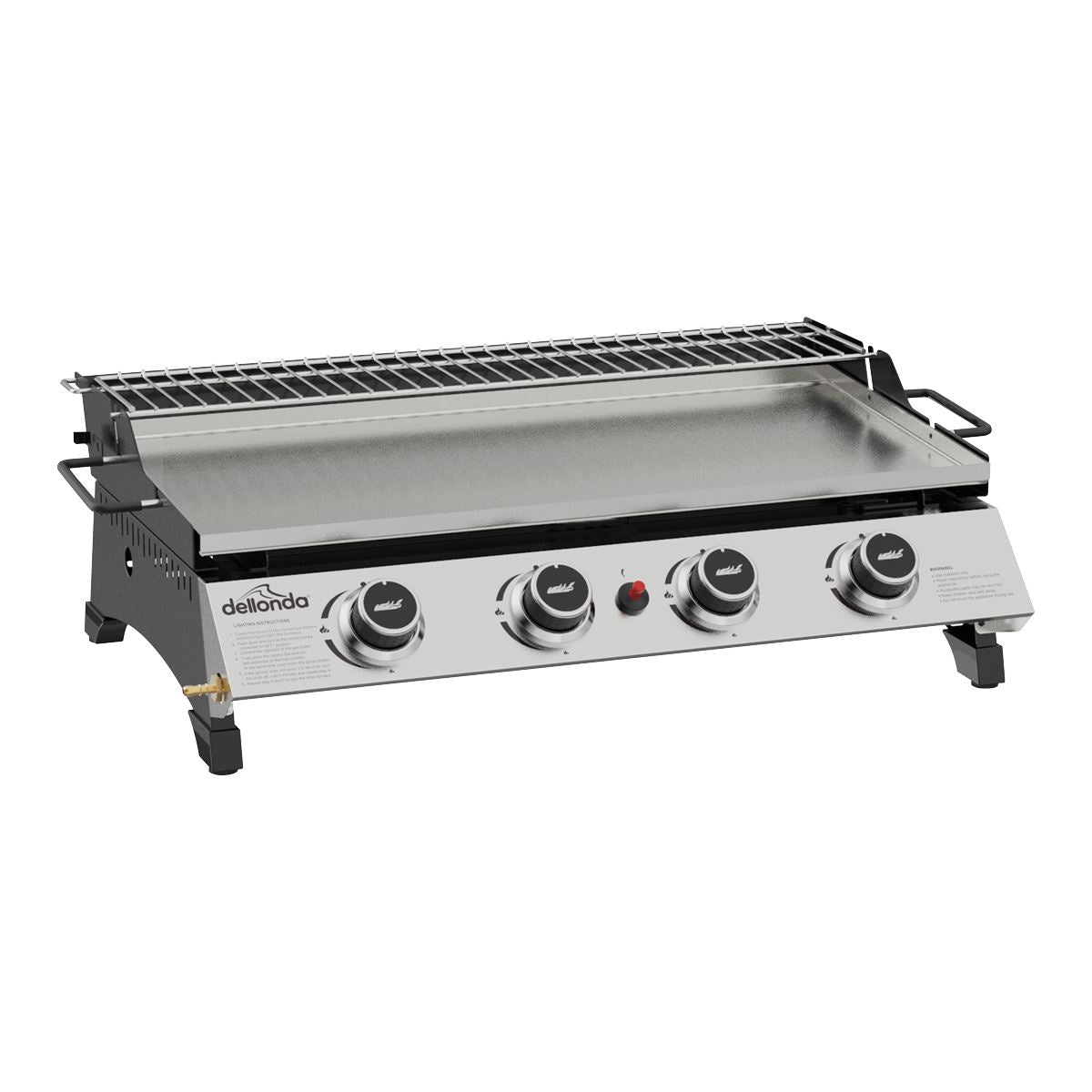 Dellonda 4 Burner Portable Gas Plancha with Warming Rack, 10kW BBQ Griddle, Stainless Steel